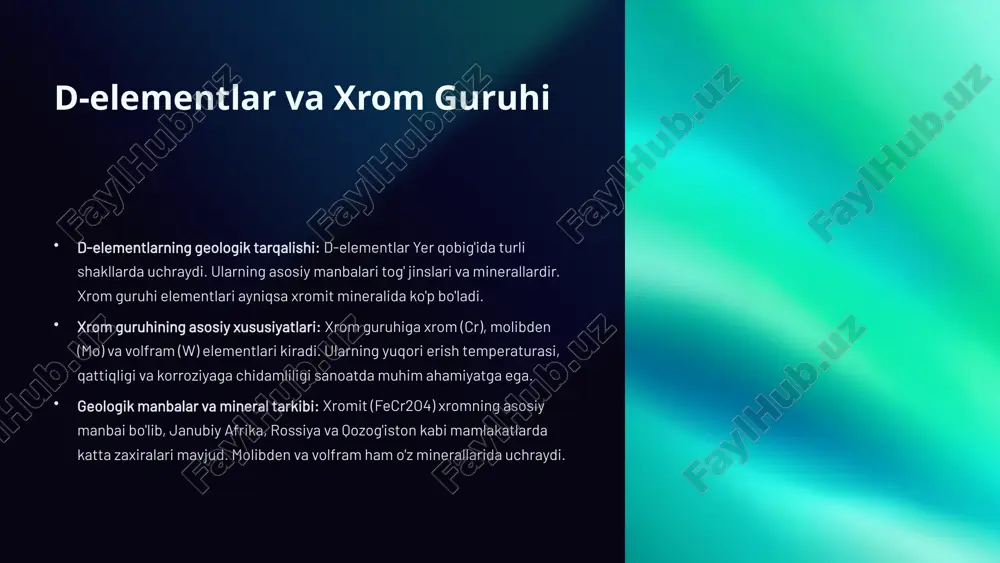 lantirish uchun elektroliz yoki alyumotermiya usullaridan foydalaniladi. kimyoviy ekstraksiya ham xromni ajratib olishda qo'llaniladi. sanoat miqyosidagi ishlab chiqarish jarayoni: sanoatda xromni ishlab chiqarish jarayoni yuqori harorat va maxsus reaktorlarni talab qiladi. olingan xrom metallurgiya va kimyo sanoatida ishlatiladi. 4 xrom elementining fizikaviy xossalari eritma temperaturasi va qaynash temperaturasi: xromning erish temperaturasi 1907 °c, qaynash temperaturasi esa 2671 °c. bu uning yuqori haroratli ilovalarda ishlatilishiga imkon beradi. kristall tuzilish xususiyatlari: xromning kristall panjarasi kub shaklida. uning atomlari zich joylashgan bo'lib, bu uning qattiqligini ta'minlaydi. elektr va issiqlik o'tkazuvchanligi: xrom elektr va issiqlikni yaxshi o'tkazadi, ammo boshqa metallarga nisbatan o'tkazuvchanligi pastroq. 5 xrom elementining kimyoviy xossalari xrom turli xil kimyoviy birikmalar hosil qilishi mumkin. oksidlanish darajasi: xromning oksidlanish darajalari +2, +3 va +6 bo'lishi mumkin. +3 oksidlanish darajasi eng barqaror hisoblanadi. boshqa elementlar bilan reaktsiyalari: xrom kislorod bilan reaksiyaga kirishib, xrom oksidini hosil qiladi. kislotalar bilan reaksiyaga kirishib, xrom tuzlarini hosil qiladi. …