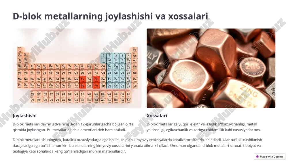 pleks birikmalar kataliz, pigmentlar va tibbiyotda muhim rol o'ynaydi. misol uchun, platina kompleks birikmalari saraton kasalligini davolashda ishlatiladi. temir komplekslari gemoglobin tarkibiga kiradi va kislorodni tashishda muhim ahamiyatga ega. nikel komplekslari katalitik jarayonlarda ishlatiladi, masalan, neftni qayta ishlashda. bu kimyoviy xususiyatlar tufayli d-blok metallari ko'plab sohalarda keng qo'llaniladi. 5 d-blok metallarning fizik xossalari d-blok metallari odatda yuqori qaynash va erish haroratiga ega. ular, shuningdek, yuqori zichlikka ega va metall yaltiroqligi bilan ajralib turadi. d-blok metallarining fizik xossalari ularning atom tuzilishi va metall bog'lanishining kuchiga bog'liq. misol uchun, volfram eng yuqori erish haroratiga ega metalllardan biri hisoblanadi. osmiy eng yuqori zichlikka ega elementlardan biri hisoblanadi. ushbu xususiyatlar tufayli, d-blok metallari yuqori haroratli ilovalar, konstruksiya materiallari va elektronika kabi sohalarda keng qo'llaniladi. ularning mustahkamligi va chidamliligi ularni turli xil ekstremal sharoitlarda ishlatishga imkon beradi. 6 d-blok metallarning qo`llanilishi temir - po'lat ishlab chiqarishda asosiy material. mis - elektr kabellari va elektronika sanoatida …