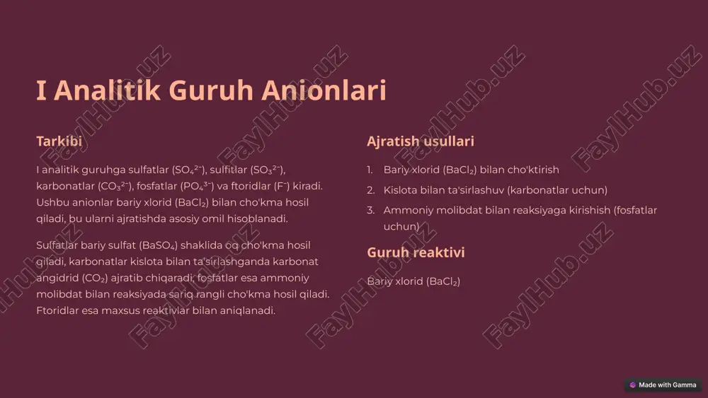 o'ktirish orqali amalga oshiriladi. xloridlar ammiakda eriydi, bu ularni boshqa galogenlardan ajratishga yordam beradi. 3 iii analitik guruh anionlari tarkibi iii analitik guruhga nitratlar (no₃⁻), nitritlar (no₂⁻), xloratlar (clo₃⁻) va permanganatlar (mno₄⁻) kiradi. ushbu guruh uchun umumiy reaktiv mavjud emas, ularni aniqlash uchun maxsus reaksiyalar qo'llaniladi. maxsus reaksiyalar nitratlar difenilamin bilan reaksiyada ko'k rang hosil qiladi, nitritlar griess reaktivi bilan reaksiyada diazo birikma hosil qiladi (qizil rang), permanganatlar esa qaytaruvchilar bilan reaksiyada rangsizlanadi. identifikatsiya nitratlar uchun difenilamin reaksiyasi, nitritlar uchun griess reaksiyasi va permanganatlar uchun qaytarilish reaksiyalari qo'llaniladi. bu reaksiyalar rang o'zgarishi yoki gaz ajralishi bilan kuzatiladi. 4 i guruh anionlarini aniqlash reaktsiyalari misollari 1 sulfat anionini aniqlash reagent: bariy xlorid (bacl₂) reaktsiya: so₄²⁻(suvli) + bacl₂(suvli) → baso₄(qattiq) + 2cl⁻(suvli) kuzatuv: oq cho'kma (bariy sulfat) hosil bo'ladi. 2 karbonat anionini aniqlash reagent: xlorid kislota (hcl) reaktsiya: co₃²⁻(suvli) + 2hcl(suvli) → h₂o(suyuq) + co₂(gaz) + 2cl⁻(suvli) kuzatuv: gaz (karbonat angidrid) ajralib …
