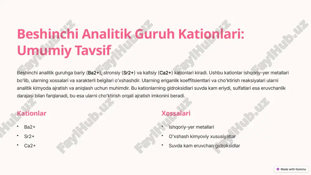 an, harorat va konsentratsiya, cho'kmaning hosil bo'lishiga ta'sir etadi. bundan tashqari, sr2+ ioni alangani qizil rangga bo'yaydi, bu ham uning xarakterli belgisidir. ushbu reaksiyalar sr2+ ionini aniqlash va ajratishda muhim rol o'ynaydi. sulfatlar bilan cho'ktirish oq cho'kma xromatlar bilan cho'ktirish sariq cho'kma alanga testi qizil alanga 4 ca2+ ioniga sifat reaksiyalari kaltsiy ioni (ca2+)ni aniqlash uchun oksalatlar bilan cho'ktirish (cac2o4) va piroantimonatlar bilan cho'ktirish (ca2sb2o7) reaksiyalari ishlatiladi. kaltsiy oksalat oq rangli cho'kma hosil qiladi, piroantimonatlar bilan reaksiyada ham oq rangli cho'kma hosil bo'ladi. reaksiya sharoitlari, masalan, ph muhiti va harorat, reaksiyaning borishiga ta'sir qiladi. alanga testida ca2+ ioni g'isht rangiga yaqin alanga hosil qiladi. ushbu reaksiyalar ca2+ ionini aniqlash va boshqa ionlardan ajratish uchun qo'llaniladi. oksalatlar bilan cho'ktirish cac2o4 cho'kmasi piroantimonatlar bilan cho'ktirish ca2sb2o7 cho'kmasi alanga testi g'isht rangli alanga 5 oltinchi analitik guruh kationlari: umumiy tavsif oltinchi analitik guruhga magniy (mg2+), natriy (na+), kaliy (k+) va ammoniy (nh4+) kationlari …
