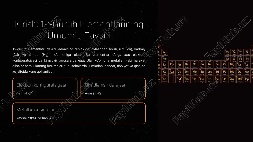 qa birikmalar sanoatda va laboratoriya tadqiqotlarida qo‘llaniladi. simobning asosiy qo‘llanilish sohalaridan biri – termometrlar va barometrlardir. termometrlar haroratni o‘lchash barometrlar bosimni o‘lchash kimyoviy sintez katalizator sifatida 5 rux, kadmiy va simob birikmalarining o‘xshashliklari rux, kadmiy va simob birikmalari o‘rtasida bir nechta o‘xshashliklar mavjud. ularning barchasi asosan +2 oksidlanish darajasiga ega va ko‘plab birikmalari kovalent xarakterga ega. ular, shuningdek, sulfidlar, oksidlar va galogenidlar kabi o‘xshash birikmalar hosil qiladi. bundan tashqari, ularning barchasi ma’lum darajada zaharlidir va ekologik muammolarni keltirib chiqarishi mumkin. +2 oksidlanish darajasi 1 kovalent xarakter 2 zaharlilik 3 6 rux, kadmiy va simob birikmalarining farqlari rux, kadmiy va simob o‘rtasida sezilarli farqlar mavjud. rux odatda kamroq zaharli va galvanizatsiya kabi keng qo‘llanilishga ega. kadmiyning zaharliligi yuqoriroq bo‘lib, batareyalar va pigmentlar ishlab chiqarishda ishlatiladi. simob esa eng zaharli hisoblanadi va asosan termometrlar va kimyoviy sintezda qo‘llaniladi. fizik xususiyatlarida ham farqlar mavjud: rux va kadmiy qattiq metallar, simob esa suyuqdir. 1 …
