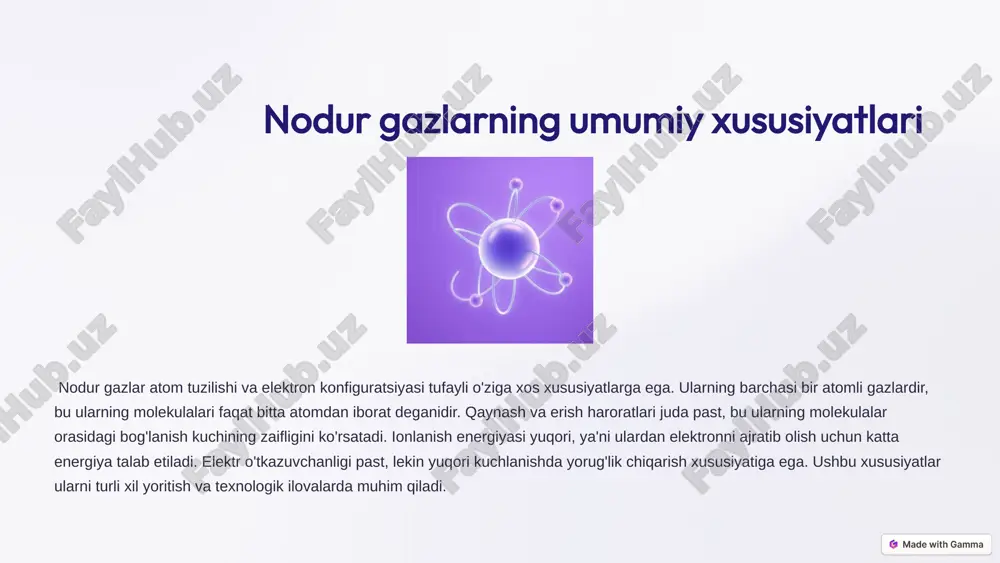 k tadqiqotlarda muhim rol oʻynaydi. 3 neon elementi: xossalari va qoʻllanilishi img query="a vibrant neon sign in a bustling city street at night, colorful and dynamic lighting" neon – rangsiz, hidsiz va inert gaz. u elektr toki oʻtganda yorqin qizil-toʻq sariq rangda yorugʻlik chiqaradi, bu xususiyat uni neon yoritishda keng qoʻllashga imkon beradi. neon yoritgichlar reklama belgilari va dekorativ yoritish uchun mashhurdir. neon, shuningdek, yuqori voltli indikatorlar, toʻlqin oʻlchagichlar va boshqa ilmiy asboblar ishlab chiqarishda ishlatiladi. suyuq neon kriogen sovutishda, ayniqsa oʻta past harorat talab etiladigan ilmiy tajribalarda qoʻllaniladi. neonning yorug'lik chiqarish xususiyati uning turli sohalarda qimmatli bo'lishiga olib keladi. 4 argon elementi: xossalari va qoʻllanilishi img query="argon gas being used in welding, bright blue sparks, protective gear" argon – havodan ogʻirroq boʻlgan rangsiz va inert gaz. u havoning taxminan 1% ni tashkil etadi va sanoatda havo suyuqligidan ajratib olinadi. argon metallurgiyada payvandlash va kesish jarayonlarida himoya gaz sifatida keng …