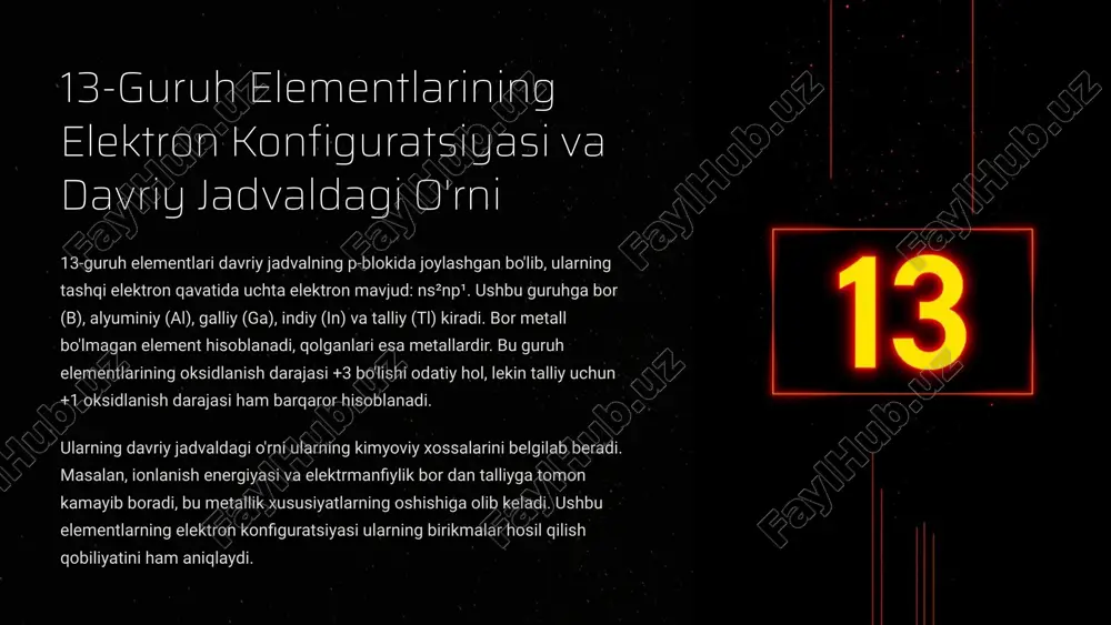 g icosahedral (20 ta yoqli) klasterlaridan tashkil topgan. turli allotropik modifikatsiyalarning xossalari ularning tuzilishiga bog'liq. masalan, kristall bor amorf borga nisbatan qattiqroq va barqarorroqdir. allotropik modifikatsiyalarning farqlari, ularning turli sohalarda qo'llanilish imkoniyatlarini yaratadi. 4 borning muhim birikmalari: boridlar boridlar - borning metallar va metalloidlar bilan hosil qilgan birikmalari. boridlarning ko'pchiligi yuqori qattiqlik, yuqori erish nuqtasi va kimyoviy barqarorlikka ega. ular turli tuzilishlarga ega bo'lishi mumkin, masalan metallga boy boridlar (m4b), borga boy boridlar (mb6) va tarmoqli boridlar (mb2). boridlarning tuzilishi bor atomlarining metall atomlari orasida joylashganligi bilan xarakterlanadi. metallga boy boridlarda bor atomlari alohida joylashgan bo'lsa, borga boy boridlarda bor atomlari zanjirlar, tarmoqlar yoki uch o'lchovli karkaslar hosil qilishi mumkin. boridlarning xossalari ularning tuzilishi va kimyoviy tarkibiga bog'liq. 5 boridlarning tuzilishi va xossalari: misol sifatida alyuminiy boridi alyuminiy boridi (alb2) - metallga boy borid bo'lib, unda alyuminiy atomlari bor atomlarining grafitga o'xshash tekis qatlamlari orasida joylashgan. ushbu tuzilish alyuminiy boridiga …