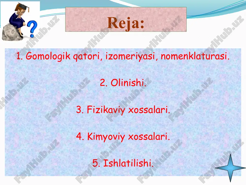 atomlari raqam bilan ko`rsatiladi. zanjirni raqamlashda qo`shbog`lar holati eng kichik raqamlar bilan ifodalanishi kerak. shunga ko’ra zanjir qo`shbog`dan qaysi biri asosiy zanjir boshiga yaqin bo`lsa, shu tomondan nomerlanadi. b i r i k m a n o m e n k l a t u r a iyupak ratsional tarixiy h2c = c = ch2 propadiyen vinil metilen allen h2c = c = ch – ch3 butadiyen 1, 2 vinil etilen metilallen h2c = ch – ch = ch2 butadiyen 1, 3 divinil divinil h2c = c(ch3) – ch = ch2 2 – metil, butadiyen 1, 3 metilvinil etilen izopren quyidagi jadvalda bir nechta alkadiyenlarning sistematik, ratsional hamda tarixiy nomlari keltirilgan. o l i n i s h i : kumulyativ qo`shbog`li diyenlarni olish. allen glitserindan quyidagi reaksiya bo'yicha olinadi: o l i n i s h i : ajralgan qo`shbog`li diyen olish: p.p.shorigin usuli 2ch2 = ch – ch2 …