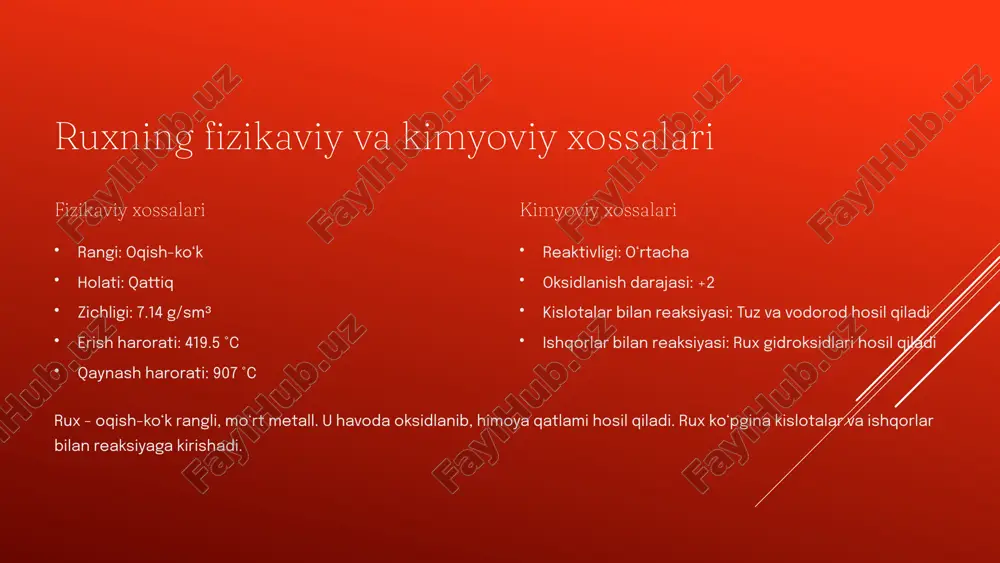 niladi. 5 sulfidlar: zns va cds xossalari va qo‘llanilishi 1 zns xossalari oq rangli kristallar 2 zns qo‘llanilishi lyuminoforlar 3 cds xossalari sariq rangli kristallar 4 cds qo‘llanilishi quyosh batareyalari rux sulfidi (zns) va kadmiy sulfidi (cds) - yorug‘lik chiqaruvchi xususiyatlarga ega bo‘lgan yarimo‘tkazgich materiallardir. zns lyuminoforlarda, cds esa quyosh batareyalarida qo‘llaniladi. 6 galidlar: zncl₂, znbr₂, cdcl₂, cdbr₂ xossalari va qo‘llanilishi zncl₂ payvandlashda 1 znbr₂ organik sintezda 2 cdcl₂ elektrokimyoda 3 cdbr₂ fotografiyada 4 rux va kadmiy galogenidlari turli sohalarda qo‘llaniladigan kimyoviy birikmalardir. zncl₂ payvandlashda, znbr₂ organik sintezda, cdcl₂ elektrokimyoda va cdbr₂ fotografiyada qo‘llaniladi. 7 rux va kadmiy birikmalarining sanoatdagi ahamiyati 70% rux metall qoplamalar 15% rux qotishmalar 10% kadmiy akkumulyatorlar 5% kadmiy pigmentlar rux va kadmiy birikmalari sanoatda muhim ahamiyatga ega. rux, asosan, metall qoplamalar va qotishmalar ishlab chiqarishda qo‘llaniladi. kadmiy esa akkumulyatorlar va pigmentlar ishlab chiqarishda ishlatiladi. 8 rux va kadmiy birikmalarining ekologik ta’siri tuproq tuproqning ifloslanishi suv …