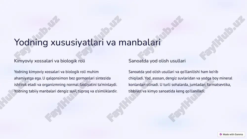 o bo'lishiga olib keladi. shuning uchun, xodimlarni o'qitish va malakasini oshirish muhim ahamiyatga ega. 5 yod aralashuvini aniqlash usullari 1 kimyoviy analiz usullari kimyoviy analiz usullari (titrlash, spektrofotometriya) yod miqdorini aniqlashda qo'llaniladi. instrumental analiz usullari (gaz xromatografiyasi, mass-spektrometriya) ham keng qo'llaniladi. 2 ekspress-testlar ekspress-testlar yordamida yod miqdorini tez va oson aniqlash mumkin. sifat nazorati bosqichlari ham muhim ahamiyatga ega. 6 yod aralashuvining oldini olish choralari xom ashyoni tanlash xom ashyoni tanlashda ehtiyotkorlik, ishlab chiqarish jarayonini standartlashtirish, uskunalarini muntazam tozalash va dezinfeksiya qilish muhim. 1 xodimlar malakasini oshirish xodimlarning malakasini oshirish va sifat nazoratini kuchaytirish yod aralashuvining oldini olishda muhim rol o'ynaydi. 2 7 xulosa va tavsiyalar 1 muammoning ahamiyati yod aralashuvi muammosining ahamiyati, oldini olish choralari va ularning samaradorligi muhokama qilindi. 2 tavsiyalar kelgusi tadqiqotlar uchun yo'nalishlar bo'yicha tavsiyalar berildi. yod aralashuvi muammosini hal etish uchun kompleks chora-tadbirlarni amalga oshirish zarur. 8 image1.png image2.png image3.png image4.png image5.png image6.png image7.png image8.png …