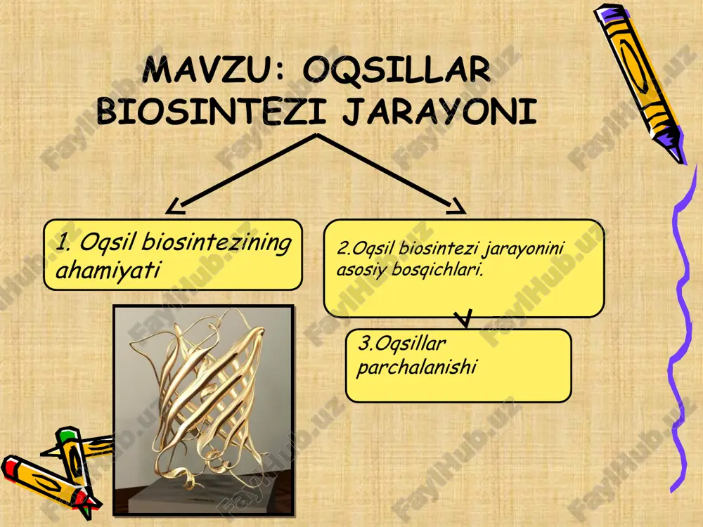 oya. oqsil sintezida qatnashadigan aminokislotalar strukturasi:. r1 - glitsin (glisin) r2 - alanin (ala) r3 - valin (val) * r4 - leysin (leytsin) * r5 - izolösin (ile) * r6 - serin (ser) r7 - treonin (tre) * r 8 - tirozin ( tir ) r 9 - fenilalanin (fen) * r 10 - triptofan (uch) * r 11 - aspartik kislota (ans) r 12 - glutamik kislota (gln) r 13 - lizin (lys) * r 14 - arginin (arg) * r15 - histidin (uning) * r16 - asporagine (asp) r17 - glutamin (glu) r18 - sistein (cis) r19 - metionin (met) * r20 - proline (professional) 2.oqsil biosintezi jarayonini asosiy bosqichlari. oqsil biosintezi jarayonini 3 asosiy bosqichga bo‘lish mumkin: 1-bosqichda transkripsiya, matriks dnk da i-rnk sintezlanishi va uning ribosomaga o‘tishi amalga oshadi. bu yo‘l bilan sintezlanadigan oqsilning tuzilishi to‘g‘risidagi informatsiya yadrodan ribosomalarga, ya'ni oqsil sintez bo‘ladigan joyga uzatiladi. 2-bosqichda …