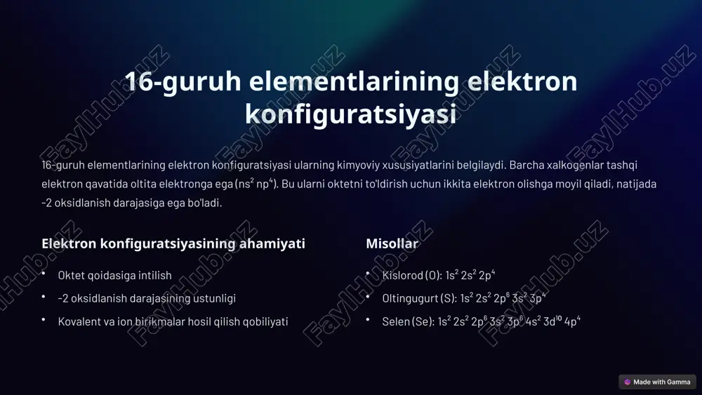 ktronika sanoatida qo'llaniladi. selenning atom raqami 34, atom massasi esa taxminan 79 ga teng. xususiyatlari yarimo'tkazgich, turli allotropik shakllarga ega qo'llanilishi fotokopiyalashda, quyosh batareyalarida biologik ahamiyati antioksidant, ba'zi fermentlar tarkibida 5 tellur: xususiyatlari va qo'llanilishi tellur (te) - kumush-oq rangli metallmas element. u yarimo'tkazgich xususiyatlariga ega va metallurgiyada, quyosh batareyalarida va termoelektrik qurilmalarda qo'llaniladi. tellurning atom raqami 52, atom massasi esa taxminan 128 ga teng. xususiyatlari yarimo'tkazgich, kumush-oq rangli metallmas qo'llanilishi metallurgiyada, quyosh batareyalarida biologik ahamiyati biologik roli aniqlanmagan, zaharli 6 poloniy: xususiyatlari va qo'llanilishi poloniy (po) - radioaktiv metallmas element. u radioaktiv parchalanish natijasida hosil bo'ladi va yadroviy energetikada, antistatik vositalarda va ilmiy tadqiqotlarda qo'llaniladi. poloniyning atom raqami 84, eng barqaror izotopining atom massasi esa taxminan 209 ga teng. 1 radioaktivlik alfa-nurlanish manbai 2 yadroviy energetika atom batareyalarida 3 antistatik vositalar statik elektrni yo'qotish 7 16-guruh elementlarining kimyoviy xossalari 16-guruh elementlari turli kimyoviy xossalarga ega. ular vodorod, metallar va …