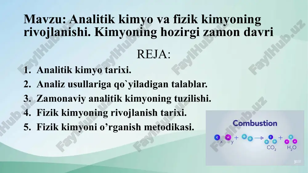 rmigacha analitik kimyo kimyoning asosiy qismi sanalgan. kimyoviy anaiiz terminini birinchi bo‘lib, 1654-yilga yozilgan klodiyoning asa'ida tilga olingan r.boyl o'simlik ekstraktlaridan va hayvon to'qimasidan kislotalik va ishqoriylikni aniqlash uchun lovdalangan. analitik kimyo fan sifatida xvii asrning o'rtalaridan rivojlana boshladi. bu fanning rivojlanishiga ingliz oiimi r.boyl (1627— 1691) katta hissa qobshdi. u murakkab moddalarning kimyoviy jihatdan parchalanmaydigan tarkibiy qismi- kimyoviy element haqida tushimchani kiritdi, o ‘zigacha m a'lum bo'lgan si fat reaksiyalarini m a’lum bir tizimga soldi va yangi sifat “ho'l usul” bilan qilinadigari analizga asos soldi. r.boyl tortrna analizga asos soldi, fanga “analiz” degan atamani kiritdi. d.i.mendeleyevning zamondoshi n.a.menshutkin vodorod sulfid usuli bo‘yicha kationlarni analitik gruppalarga bo'lishni taklif etdi. 4 analitik kimyo fanining rivojlanishida 1871-yilda n.a.menshutkin tomonidan yozilgan "analitik kimyo" darsligi katta rol o'ynadi. m.a.ilinskiy va l.a.chugayevlar birinchi bo'lib. kimyoviy lekshirishlarda organik reaktivlami qo‘llab, analitik kimyo fanining rivojlanishiga o'zlarining salmoqli hissalarini qo’shdilar. 2.analiz usullariga qo`yiladigan talablar. analiz usullarining barchasi to‘g …