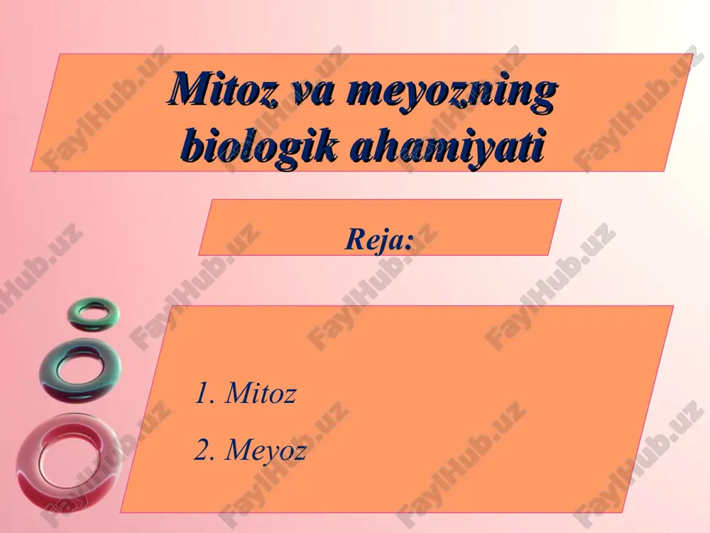 ladi. ular xujayralarning qutblaridagi gialoplazmada qalpoqchaga o’xshab sentriolalar yoki bo’linish urug’iga aylanadi. xromosomalar xromosoma metafaza (yunon. m ye t a — keyin) mitozning ikkinchi bosqichi bo‘lib, xromosomalar ekvator bo‘ylab joy oladi va xromosoma plastinkasini hosil qiladi. xromatidlar urchuq iplariga birikib bo’lgandan keyin, xromatidlar qarama-qarshi qutblarga tortiladi. metafazada xromosomalarni hisoblash mumkin. xromatid xujayra telofaza (yunon. t ye l o s — oxirgi) — mitozning so’nggi bosqichi bo’lib, xromosomalar spiralsizlanadi, ya’ni uzun iplar shakliga kiradi. yadro, yadrocha, hujayra po’sti shakllanadi va xuddi profazaga o’xshab qoladi. telofaza meyoz meyoz (yunon. meyozis — kamayish, ozayish) hujayraning murakkab bo’linish shakllaridan biri bo’lib, unda reduksiya jarayoni yuz beradi. meyoz vaqtida hujayrada xromosomalar soni ikki marta kamayadi. organizmlar taraqqiyotida ikki xil gametalarning quyilishidan boshlab, yangi organizmning paydo bo’lgunigacha, hujayrada xromosomalar sonining qonuniy o’zgarishini kuzatish mumkin. bu gaplofaza-gaploid to’plamli xromosomalarga ega bo’lgan faza va diplofaza-diploid to’plamli fazalardir. bu fazalarning davomiyligi turli sistematik guruhlarda turlicha bo’ladi. masalan, zamburug’larning hayotiy …