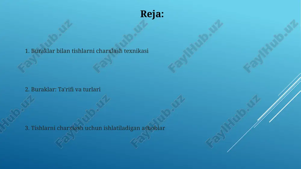 dli burmalar tishlarni charxlashda ishlatiladigan yana bir vositadir. ular 6 dan 12 gacha pichoqlarga ega bo'lib, tezkor material olib tashlashni ta'minlaydi. e'tiboringiz uchun rahmat @taqdimot_robot image2.jpg image3.jpg image4.jpg image5.jpg image6.jpg