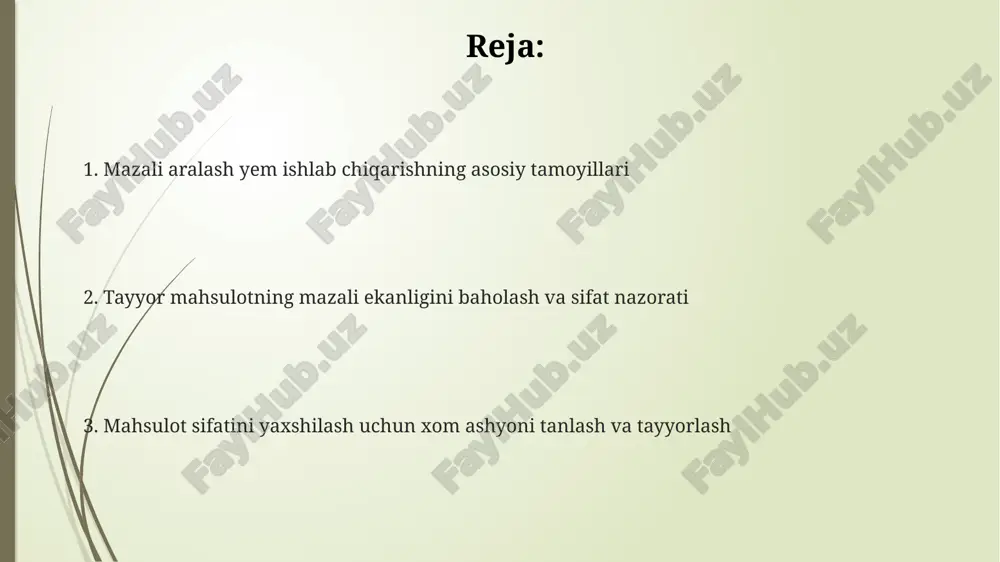 lan, o'simlik ekstraktlari (0,1-0,3%), yemning hidini va ta'mini yaxshilaydi, shu bilan hayvonlarning ozuqa iste'molini oshiradi. yem tarkibiga 0,5-1% melassa qo'shish nafaqat ta'mni yaxshilaydi, balki xom ashyoning changlanishini kamaytiradi va granulalash jarayonini osonlashtiradi. fermentlangan yem xom ashyolaridan foydalanish, masalan, achitilgan donlar, ozuqaning hazm bo'lishini oshiradi va hayvonlarning ozuqaga bo'lgan ishtahasini 10-15% ga rag'batlantiradi. aralashtirish va qayta ishlash usullari aralashtirishda 2% dan 5% gacha yog' qo'shilishi mumkin, bu esa changlanishni kamaytiradi va granulyatsiya jarayonini osonlashtiradi, shuningdek, ozuqa qiymatini oshiradi. qayta ishlashda bug' bilan ishlov berish texnologiyasi qo'llaniladi, bunda 80-90°c haroratda 10-15 daqiqa davomida ishlov berish ozuqa tarkibidagi zararli moddalarni kamaytiradi. ekstruziya usuli ozuqani 120-150°c haroratda yuqori bosim ostida qayta ishlab, kraxmalni jelatinlashtiradi va hazm bo'lishini 30% gacha oshiradi. e'tiboringiz uchun rahmat @taqdimot_robot