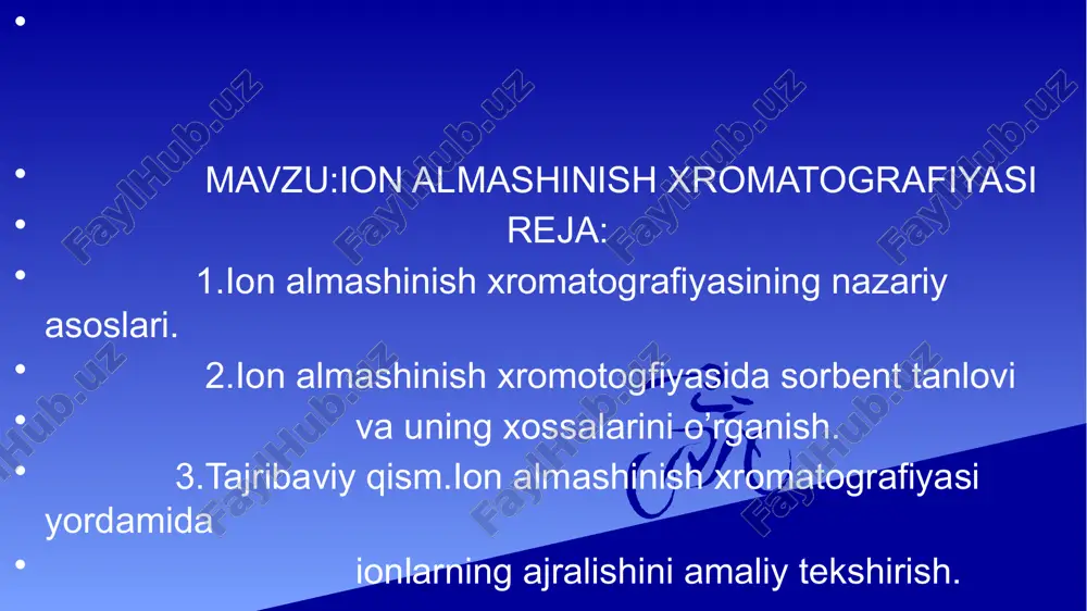 a undan faqat ma’lum o’lchamli molekulalargina o’tishi mumkin. mayda zarralar sorbent g’ovaklariga kirib, ushlanib qoladi, yirik molekulalar esa hf bilan sorbentda ushlanmasdan yuvilib chiqadi. bu usulning bir turi – gel xromatografiyada tf boktirilgan gel bolib, uning g’ovaklari aniq olchamga ega. boshqa xromatografik usullar, masalan, elektroxromatografiya (elektroforez) tashqi elektrik maydon ta’sirida har xil ionlarni turli tezlikda siljishiga asoslangan. ion almashinish xromatografiyasida ishlatiladigan asosiy eritmalar va materiallarni tayyorlash. xromatografiya — bu moddalarning turli fazalar orasida ajratilishi va tahlil qilinishi usuli bo‘lib, u kimyo va biokimyo sohalarida keng qo‘llaniladi. ushbu usul 1903 yilda rus botanigi m.s. tsveyt tomonidan taklif qilingan va asosan dinamik muvozanatga asoslanadi. dinamik muvozanat: xromatografik jarayonda modda (a) molekulalari harakatlantirilgan va turar fazalar orasida dinamik muvozanat holatida bo‘ladi. bu shunday bo‘ladi, ya'ni modda molekulalari bir vaqtning o‘zida turar fazada ham, harakatlantirilgan fazada ham mavjud bo‘lishi mumkin: xromatografiyaning nazariy asoslari amaliyotda kimyo, biotexnologiya, farmatsevtika va ekologik tahlil kabi sohalarda keng qo‘llaniladi. …