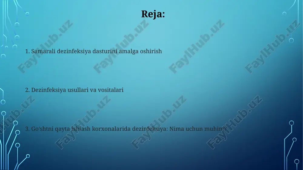 niqlash va kamaytirish ko'rsatkichlarini o'z ichiga oladi. mikroorganizmlarning asosiy turlari va xavflari viruslar, ayniqsa norovirus va gepatit a, go'shtni qayta ishlash jarayonida ifloslanishi mumkin, natijada yomon gigiena tufayli odamlarda gastroenterit kabi kasalliklar kelib chiqishi xavfi ortadi. zamburug'lar va mog'orlar, masalan, aspergillus flavus, toksinlar (aflatoksinlar) ishlab chiqaradi, ular go'sht mahsulotlarini ifloslantirishi va odamlarda jiddiy sog'liq muammolarini, shu jumladan jigar shikastlanishini keltirib chiqarishi mumkin. go'shtni qayta ishlash korxonalarida dezinfeksiya dezinfeksiya jarayoni haccp (xavf tahlili va kritik nazorat nuqtalari) tizimiga muvofiq muntazam ravishda amalga oshiriladi, natijada 99,9% mikroblarni yo'qotish kerak. sirtlarni dezinfeksiya qilish uchun 200 ppm xlor eritmasi yoki peratsetik kislota 150 ppm konsentratsiyasi ishlatiladi, bu salmonella va e.coli kabi patogenlarni yo'q qiladi. dezinfeksiyaning ahamiyati va maqsadlari dezinfeksiyaning maqsadi listeria monocytogenes, salmonella kabi patogen mikroorganizmlar sonini 99.9% ga kamaytirish, xavfsizlikni ta'minlash va mahsulot yaroqlilik muddatini oshirishdan iborat. dezinfeksiya gigiyenik sharoitlarni yaxshilash, 100 dan ortiq turli xil bakteriyalarning o'sishini oldini olish hamda tayyor go'sht …