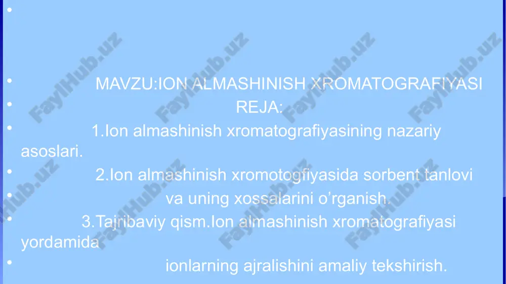 ndan faqat ma’lum o’lchamli molekulalargina o’tishi mumkin. mayda zarralar sorbent g’ovaklariga kirib, ushlanib qoladi, yirik molekulalar esa hf bilan sorbentda ushlanmasdan yuvilib chiqadi. bu usulning bir turi – gel xromatografiyada tf boktirilgan gel bolib, uning g’ovaklari aniq olchamga ega. boshqa xromatografik usullar, masalan, elektroxromatografiya (elektroforez) tashqi elektrik maydon ta’sirida har xil ionlarni turli tezlikda siljishiga asoslangan. ion almashinish xromatografiyasida ishlatiladigan asosiy eritmalar va materiallarni tayyorlash. xromatografiya — bu moddalarning turli fazalar orasida ajratilishi va tahlil qilinishi usuli bo‘lib, u kimyo va biokimyo sohalarida keng qo‘llaniladi. ushbu usul 1903 yilda rus botanigi m.s. tsveyt tomonidan taklif qilingan va asosan dinamik muvozanatga asoslanadi. dinamik muvozanat: xromatografik jarayonda modda (a) molekulalari harakatlantirilgan va turar fazalar orasida dinamik muvozanat holatida bo‘ladi. bu shunday bo‘ladi, ya'ni modda molekulalari bir vaqtning o‘zida turar fazada ham, harakatlantirilgan fazada ham mavjud bo‘lishi mumkin: xromatografiyaning nazariy asoslari amaliyotda kimyo, biotexnologiya, farmatsevtika va ekologik tahlil kabi sohalarda keng qo‘llaniladi. ion-juft …