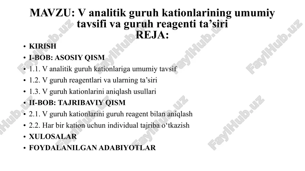 hsiz asoslar muhitida mn (oh)₂ cho‘kmalari hosil qilishi bilan aniqlanadi. bu cho‘kma och pushti rangda bo‘lib, havodagi kislorod ta’sirida oksidlanadi va mno₂∙xh₂o ko‘rinishida to‘q jigarrang cho‘kma hosil qiladi. aynan bu o‘zgarish marganes ionlarining mavjudligini ishonchli tarzda ko‘rsatadi. marganes ionlari kuchli kislotalarda barqaror bo‘lib, faqat ph oshirilganda cho‘kadi. bu esa kislota-asosli yondashuv orqali marganesni aniqlashni osonlashtiradi. mn²⁺ ionlari oksidlovchi muhitda permarganat (mno₄⁻) ko‘rinishida mavjud bo‘lib, bu esa rangli eritma hosil qiladi. bu ham mn²⁺ ionlarining bilvosita aniqlanishiga xizmat qiladi. temirning ikkita valentli holati — fe²⁺ va fe³⁺ — v guruh kationlari orasida eng ko‘p o‘rganilganlardan hisoblanadi. temir (ii) ionlari kislota-asosli muhitda kuchsiz asoslar bilan fe (oh)₂ ko‘rinishida och yashil cho‘kma hosil qiladi. ushbu cho‘kma havo kislorodi ta’sirida tezda oksidlanib fe(oh)₃ yoki fe₂o₃∙xh₂o ga aylanadi, bu esa jigarrang rangli mahsulot bilan ifodalanadi. fe²⁺ ionlarini aniqlash uchun kalium ferricyanid ishlatiladi, bu reagent bilan fe²⁺ o‘zaro ta’sirlashganda och ko‘k rangli cho‘kma — berlin ko‘ki …