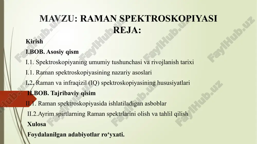ks chizig‘i" deb ataladi. stoks chizig‘i: agar fotonlar molekulaga energiya bera olgan holda tarqalgan bo‘lsa, ya’ni molekula yuqori energiya holatiga ko‘tarilgan bo‘lsa, tarqalgan foton energiyasini yo‘qotadi va uning uzunligi uzunroq bo‘ladi. bunday holat stoks chizig‘i deb ataladi. anti-stoks chizig‘i: agar molekula pastki energiya holatiga qaytsa, ya’ni foton molekulaga energiya berishdan oldin mavjud energiya miqdorini qabul qilib, fotonning energiyasi oshadi, bu esa anti-stoks chizig‘i deb ataladi raman effektining asosiy fiziologik jarayoni - bu molekulaning vibratsion yoki rotatsion tebranishlaridagi o‘zgarishlar bilan bog‘liq bo‘ladi. fotonlar molekula bilan o‘zaro ta’sir qiladi va molekulaning o‘z holatiga qarab energiya o‘zgarishi yuzaga keladi. raman effektining mohiyati monoxromatik (bir to‘lqin uzunlikdagi) lazer nuri modda yuzasiga tushganda, u molekulalarning tebranishiga sabab bo‘ladi. tarqalgan yorug‘likning bir qismi o‘z energiyasini yo‘qotadi yoki orttiradi – bu raman effektidir. stokes tarqalishi – yorug‘lik energiyasi kamayadi. anti-stokes – energiyasi ortadi. stokes chiziqlari kuchliroq, chunki ko‘p molekulalar past energiya holatidadir. raman spektroskopiyasida hosil bo‘lgan spektrlar …