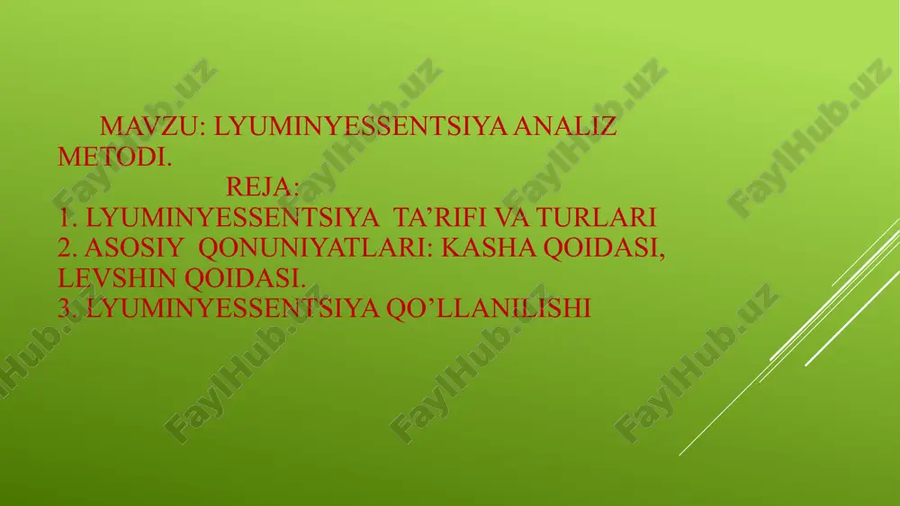 i ishlatish usullari keng tarqalgan. yetarli darajada tanlash(selektivlik) eritmaning kislotalik muhitini o’zgartirish, niqoblovchi reagentlar kiritish, ekstraksiya yo’li bilan aniqlanuvchi elementni xalaqit beruvchi komponentlardan ajratish orqali hal qilinadi. foydalanilgan adabiyotlar: 1.n.t.turabov analitik kimyo toshkent ‘’fidokor yosh avlod’’ 2023 2. internet sayt: https://cf2.ppt-online.org/files2/slide/0/049hpd3wedcyurjic7sgnq1zef5kmsa2okuxal/slide-4.jpg image1.jpg image2.png image3.png /docprops/thumbnail.jpeg