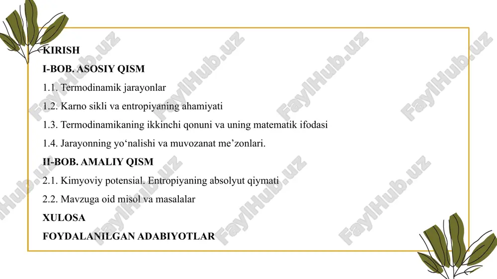 tadi. issiqlik va ish shaklida energiyaning o‘zgarishini ifodalaydi. tabiiy jarayonlar entropiyaning (tartibsizlikning) ortishiga olib keladi. issiqlik hech qachon o‘z-o‘zidan sovuqroq jismdan issiqroq jismga o‘tmaydi. uchinchi qonun: absolyut nol haroratda (0 k) mukammal kristall moddada entropiya nolga teng bo‘ladi energiya bordan yo‘q bo‘lmaydi, yo‘qdan bor bo‘lmaydi. u faqat bir turdan ikkinchi turga o‘tshi mumkin. lekin bosh qonundan foydalanib, ma’lum jarayonning ayni sharoitda sodir bo‘lish bo‘lmasligini va jarayonning davom etish chegarasini oldindan aytib bo‘lmaydi. birinchi qonunga asosan, faqat jarayon sodir bo‘lgan taqdirdagina ayta oladi. termodinamikaning ikkinchi qonuni termodinamik tizim holatining funksiyasi sifatida entropiya mavjudligini belgilaydi va mutlaq termodinamik harorat tushunchasini kiritadi, yaʼni „ikkinchi qonun entropiya qonuni“ va uning xossalari. izolyatsiya qilingan tizimda entropiya oʻzgarmay qoladi yoki ortib boradi (muvozanatsiz jarayonlarda), termodinamik muvozanat oʻrnatilganda (entropiyani oshirish qonuni) maksimal darajaga etadi. adabiyotlarda topilgan termodinamikaning ikkinchi qonunining turli formulalari entropiyani oshirish qonunining oʻziga xos oqibatlaridir. image1.png image2.svg image3.png /docprops/thumbnail.jpeg
