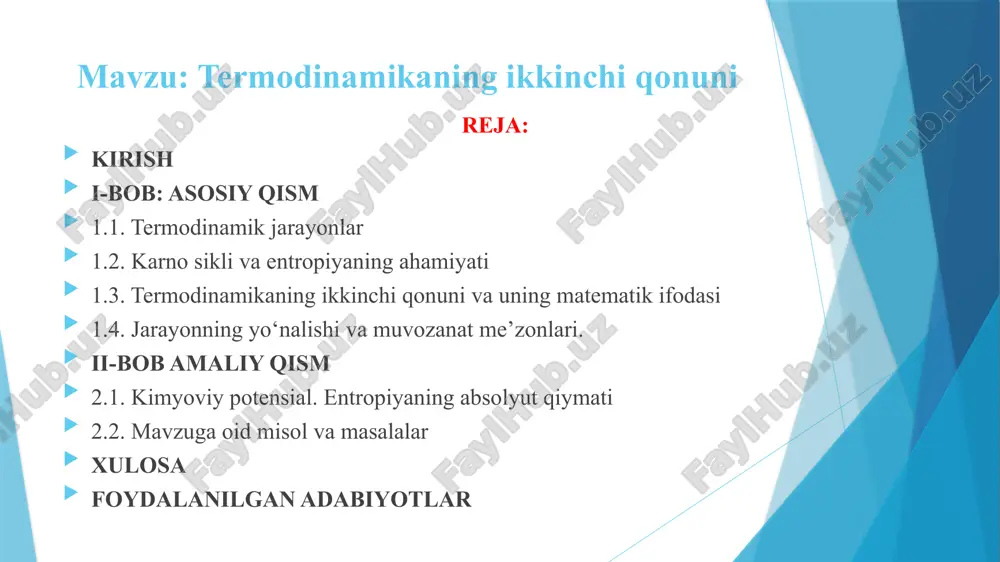 mal issiqlik samaradorligini aniqlaydi. karno sikli termodinamik tizimlarda maksimal samaradorlikka ega bo‘lgan ideal issiqlik mashinasining nazariy modeli bo‘lib, u birinchi va ikkinchi termodinamika qonunlarini chuqur tushunishda muhim rol o‘ynaydi. karno mashinasi ikki izotermik va ikki adiabatik bosqichdan iborat to‘rt bosqichli siklni bajaradi. tabiatda o‘z-o‘zidan boruvchi jarayonlarning yo‘nalishi qonuniyatlarini termodinamikaning ikkinchi qonuni ko‘rsatib beradi. termodinamikaning birinchi qonuni sistemada turli energiyalarning ekvivalentligini hamda sistema qabul qilayotgan yoki berayotgan issiqlik, bajarilayotgan ish va ichki energiyaning o‘zgarishi orasidagi bog‘lanishlarni ko‘rsatadi. plank ta’rifi: «birdan-bir natijasi issiqlikni ishga aylantiradigan davriy jarayonni amalga oshirib bo‘lmaydi». buni quyidagicha tushuntirish mumkin. faraz qilaylik, {t} haroratda isitkich va mashinaning silindirida ishchi jism (gaz) berilgan bo‘lsin (1-rasm). ishchi jismga isitkich bergan q1 issiqlik hisobiga a ish bajariladi, ya’ni {q} issiqlikning hammasi ishga sarf bo‘ladi. 1-rasm. issiqlikning ishchi jism orqali ishga aylanishi entropiya formulasi entropiya – sistemaning tartibsizligi o‘lchovi. entropiya ortishi – energiyaning foydali ishga aylanish qobiliyatining kamayishidir. ds = δq/t formulasi …