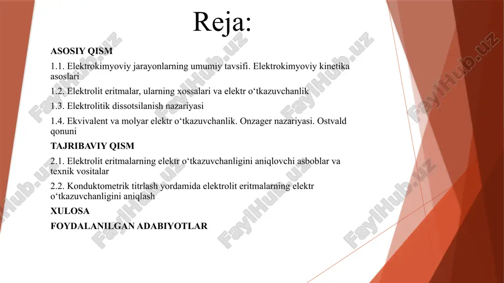gan oksidlanish qaytarilish jarayonlari. elektrolizning mohiyati kimyoviy reaksiyani elektr energiyasi hisobiga amalga oshirishdan iborat. elektrolit eritmalar — bu erigan holda ionlarga ajraladigan moddalardan tashkil topgan eritmalardir. elektrolitlar o'z ichiga kationlar (musbat zaryadlangan ionlar) va anionlar (manfiy zaryadlangan ionlar)ni oladi. ular suvda yoki boshqa polarly erituvchilarda eriganida, ular molekulalarga emas, balki ionlarga ajralib, elektr tokini o'tkazishga qodir bo'ladilar. elektrolitlar ikkita asosiy turga bo'linadi: kuchli elektrolitlar — bu moddalar to'liq ionlarga ajralib, elektrolit sifatida samarali ishlaydi. masalan, tuzlar (nacl), kislotalar (hcl) va asoslar (naoh). kuchsiz elektrolitlar — bu moddalar qisman ionlarga ajralib, lekin juda kam miqdorda. masalan, sirka kislota (ch₃cooh) yoki ammoniy gidroksid (nh₄oh). elektrolit eritmalar o'zining ionlarini harakatlantirish orqali elektr tokini o'tkazadi, bu xususiyat ular bilan bog'liq ko'plab kimyoviy jarayonlar va biologik faoliyatlarda muhim rol o'ynaydi. kuchli elektrolitlar-kuchli kislota va kuchli asosdan tashkil topgan tuzlar hisoblanadi. kuchli kislota va kuchli asoslar ham kuchli eketrolitlar hisoblanadi. kuchsiz elektrolitlar-kuchsiz kislota va kuchsiz asosdan …