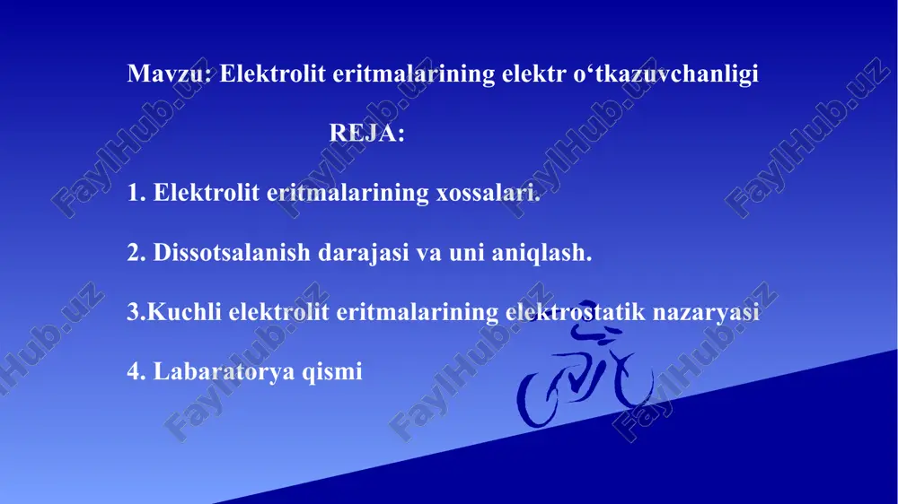 ri (kulon hisobida). faradeyning ikkinchi qonuni. turli kimyoviy birikmalardan bir xil miqdorda elektr toki o‘tganida elektrodlarda ekvivalent miqdorda modda ajralib chiqadi yoki bir ekvivalent istalgan modda ajralib chiqishi uchun elektrolitdan 96 500 kulon elektr toki o‘tkazish kerak: m = bunda: m — elektrolizlarda ajralgan modda massasi. e — elektrodalarda ajralib chiqayotgan modda ekvivalent. i — tok kuchi. t — tokning o‘tish vaqti. f — faradey soni: bu son vaqtning birligiga mos holda quyidagicha ifodalanadi. t sekundda — f = 96500. t minutda — f = 1608,33. t soatda — f = 26,8. 2. dissotsalanish darajasi va uni aniqlash dissotsialanish — bu elektrolitlarning eritmada yoki eritilganda ionlarga ajralish jarayonidir. ya’ni, elektrolit molekulalari suvda yoki boshqa erituvchilarda eriganida musbat va manfiy ionlarga parchalanadi. bu jarayon elektrolitlarning elektr tokini o‘tkaza olish xususiyatining asosini tashkil etadi. dissotsialanish darajasi (α) dissotsialanish darajasi (α) — bu moddaning umumiy miqdoriga nisbatan dissotsialanadigan molekulalar ulushini ko‘rsatadi. u quyidagi …