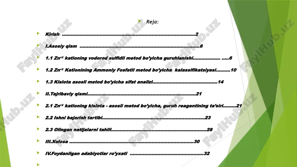 hlil qilishda, zn(ii) kationi va h₂s (sulfid kislotasi) o‘rtasidagi reaksiyalarni turli klassifikatsiyalar orqali tushunish mumkin. zn(ii) kationi bilan h2s o‘rtasidagi reaksiyaning asosiy mohiyati - rux sulfidining (zns) hosil bo‘lishi va uning ph ta'siriga bog‘liq eruvchanligi yoki cho‘kma hosil qilish xususiyatidir.zn (ii) kationining h2s bilan reaksiyasi zn(ii) kationi (zn2+)va h2s (sulfid kislotasi) o‘rtasida quyidagi reaksiyalar sodir bo‘ladi: zn2++h2s→zns zn (ii) kationi va h2s o‘rtasidagi o‘zaro ta’sirlar analitik kimyoda turli xil metodlar yordamida kuzatiladi va bu metodlar bilan zns ni aniqlash mumkin.vodorod sulfid - h2s rux ioni bilan ta’sirlashganda oq rangli cho‘kma tushadi: zncl2 + h2s → zns↓ + 2hc1 1.2 zn+2 kationining ammoniy fosfatli metod bo’yicha kalassifikatsiyasi ammoniy fosfat, (nh)3po₄, kimyoviy birikma bo'lib, unda ammoniy (nh4+) kationlari va fosfat (po4-3) anionlari mavjud. (zn²⁺) kationi esa, bir galvalentli metal ion bo'lib, ko'pincha turli xildagi kimyoviy birikmalar hosil qiladi.zn (ii) kationining ammoniy fosfat bilan aloqasini yoki bu birikmaning mumkin bo'lgan hosilalari haqida gapirganda, …