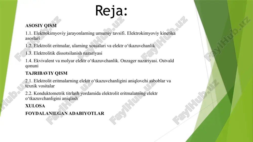 shayotgan elektronlar soni (mol), f — faradey doimiysi (96485 c/mol), v — moddaning elektrod yuzasidagi o‘zgarish tezligi (mol/(m²·s)). harorat ta’siri (arrenius qonuni) harorat oshgan sari ionlar harakati kuchayadi → reaksiya tezligi ortadi. arrenius tenglamasi: k — reaksiya tezligi konstantasi, ea​ — aktivatsiya energiyasi (kj/mol), r — gaz doimiysi (8.314 j/mol·k), t — temperatura (k), a — preeksponensial faktor (tezlik ehtimoli). lars onzager – norveg-amerikalik fizik va kimyogar bo‘lib, u termodinamika va elektro-kimyo sohalariga muhim hissa qo‘shgan. u 1931-yilda termodinamik sistemalarning teskari jarayonlaridagi chiziqli bog‘lanish qonuniyatlarini aniqlab, shu orqali "onzager o‘zaro ta’sir koeffitsientlari" deb nomlanuvchi tushunchani ilgari surdi. bu nazariya hozirgi zamon elektrokimyosi va transport hodisalari termodinamikasining asosiy qismini tashkil etadi. 1968-yilda u nobel mukofoti bilan taqdirlangan. bu rasmda: ekvivalent elektr o‘tkazuvchanlikning 1/c ga bog‘liqligi. lars onzager tomonidan yaratilgan nazariya termodinamikaning klassik tushunchalarini kengaytirib, uni mikroskopik tizimlarga ham qo‘llash imkonini berdi. uning o‘zaro ta’sir koeffitsientlarining simmetriya qonuni bugungi kunda fizik kimyo, …