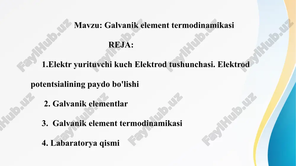 i) ionlarning o'tishiga yordamlashadi. kationlarning eritmaga o'tishi natijasida metall manfiy zaryadlanadi, lekin elektrod - eritma sistemasi elektroneytral bo'lib qoladi. elektrod sirti atrofida metall sirtidan 10-5-10-7 m gacha cho'zilgan qo'sh elektr qavat hosil bo'ladi (i.1. rasm).ddi shunday eritmadagi kationlar ham metallga o'tishi mumldn, unda metall musbat zaryadlanadi, anionlar esa qo'sh qavat hosil qiladi. metallning sirtqi zaryadiga mos ravishda oriyentatsiyalashgan suv molekulalari bevosita metall sirtiga tegib turadi (ushbu holatda metall sirti manfiy zaryadlangan). metall sirtining bir qismini adsorbilangan va kam yoki butunlay gidratlanmagan anionlar egallaydi. ularning adsorbilanishi maxsus (spesifik) deb ataladi, chunki u sirtning zaryadiga emas, balki kovalent bog'larning hosil bo‘ishiga bog‘liq. bu xolat kontakt adsorbilanish deb ham ataladi, chunki degidratlangan anionlar metall sirtiga zich tegib turadi. 298 k da simobsirtida cl-, br- j- va cs+ ionlarining adsorbilanishi, k+, na+ va f+ ionlarining adsorbilanmasligi aniqlangan. maxsus adsorbilanishning paydo boiishi ionning gidratlanish darajasiga va kattaligiga bogiiq. masalan, ftor ioni vodorod bog‘ari bilan bogianadi …