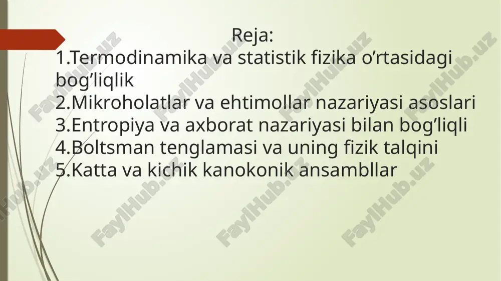 an bog’liq holda ko‘p miqdorda mikroholotlar mavjud bo‘ladi. statistik termodinamikaning asosiy ifodalaridan biri mikroholatlar tushunchasini biz ikkta misol yordamida tushuntiramiz birinchisi gazni bir idishdan ikinchisiga tarqalishi va ikkinchmsi kichik ideallashtirilgan kristallar atomlari o ‘rtasida energiyani energiya pog‘onalari bo'yicha taqsimlanishi orqali. bu misollarimizning asosiy ma’nosi shundan iboratki, molekulalarning katta guruxlari bir qancha mikroholatlarda mavjud bo'lishi mumkin va ular muvozanatga intiladilar,chunki muvozanat bu mikroholatlari eng ko‘p bo’lgan termodinamik holatdir. ichi gaz bilan to’ldirilgan bir idish jo‘mrak orqali , ikkinchi shunday havosi o‘rib olingan idish bilan ulangan sistemani ko‘rib chiqamiz. kvant mexanikasi nuqtai nazaridan, idishdagi gaz mikroholatini aniqlash uchun berilgan bosim va haroratda ko‘p miqdordagi kvant sonlaridan foydalanish kerak bo’ladi. jo'mrak ochilgandan so'ng gaz birinchi idishdan ikkinchi idishga o‘ta boshlaydi ,chunki mikroskopik nuqtai nazardan, gaz molekulalari ikkinchi idishga o‘tishi bilan ular uchun yangi sharoitda yangi qulay mikroholatlar amalga oshadi. agarda alohida olingan molekula yangi hajimga o ‘tsa u holda uning uchun mikroholatlar soni …