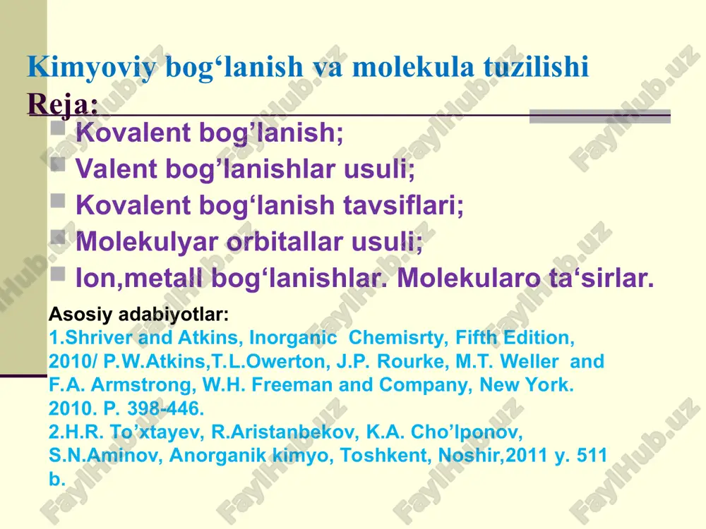 ol. nh3 (=1,46 d), h2o (=1,84 d), brombenzol (=1,64 d), asetonitril (=3,90 d) co2 va so2 molekulalarida e-o bog’i qutbli, manfiy qutb kislorodga yaqin joylashgan. co2 qutbsiz molekula u chiziqli so2 – burchakli molekula qutbli. ch4, ccl4 molekulalari qutbsiz chcl3(=1,15 d), ch2cl2 (=1,58 d) ch3cl (=1,97 d) qutbli. 1-jadval. turli bog’lardagi ion bog’lanish hissasi c-i bog’idan c-f bog’iga o’tgan sari bog’ning ionlilik darajasi ortadi. bog’ c-i c-h c-cl c-f ion bog’ hissasi,% o 4 6 40 bog’ h-cl h-f be-f li-f ion bog’ hissasi% 18 45 80 89 kovalent bog’lanish hosil qilish usullari tinch holatdagi toq elektronlar .azot atomida 3 toq elektron bor: 2s 2p n 2 va nh3 molekulalarida azotning kovalentligi 3 . . .. . n : + 3 · h = h:n:h . .. h 2s2 2p2 2s2 2p2 c  c * 2s1 2p3             …