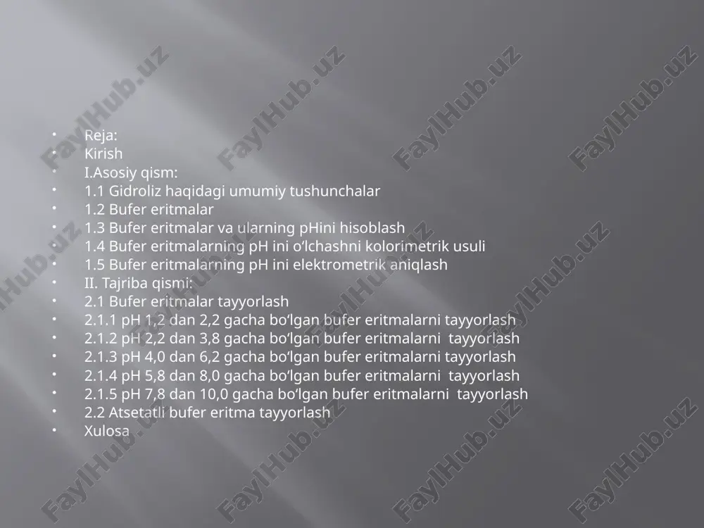 olvoliz deyiladi. gidroliz so‘zi yunoncha “gidro”-suv, “lizis”-parchalayman degan ma’noni bildiradi. gidroliz reaksiyalarini quydagicha umumiy tenglama bilan ifodalash mumkin: kat an +h2o↔kat oh+h an tuz+suv↔asos+kislota tenglamadan ko‘rinib turibdiki, tuz suvda eriganda u suv molekulalari bilan reaksiyaga kirishib, yomon dissotsialanuvchi modda hosil qiladi, ya’ni gidroliz reaksiyasi natijasida eritmadagi [oh-] va [h+] ionlarning miqdori keskin o‘zgaradi. aniqrog`i gidroliz natijasida eritmaning ph i o‘zgaradi va bu o‘zgarish har qanday tuz gidrolizining mexanizmi tushunishda, gidroliz tenglamasini tuzishda gidroliz reksiyalaridan amaliyotda foydalanishda asosiy ko‘rsatgich hisoblanadi. gidrolizning asosiy sababi, kam dissotsialangan moddalar ( molekula yoki ionlar) hosil bo‘lishidir. gidroliz tuzni hosil qilgan kislota va asoslarning kuchiga qarab turlicha borishi mumkin. gidrolizning eng tipik hollarini ko‘rib chiqaylik. 1. kuchli asos ( lioh, naoh, koh, rboh, csoh, ca(oh)2, ba(oh)2) bilan kuchli kislota ( hcl, hbr, hj, hclo4, hno3, h2so4) hosil bo‘lgan tuz. gidrolizga uchramaydi. 2. kuchsiz kislota (hcn, h2s, hno3, h2so3, h3po4, h2co3, hf, h2sio3 va organik kislotalar) bilan …