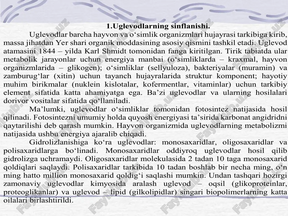 dlar, oligosaxaridlar va polisaxaridlarga bo‘linadi. monosaxaridlar oddiyroq uglevodlar hosil qilib gidrolizga uchramaydi. oligosaxaridlar molekulasida 2 tadan 10 taga monosaxarid qoldiqlari saqlaydi. polisaxaridlar tarkibida 10 tadan boshlab bir necha ming, o‘n ming hatto million monosaxarid qoldig‘i saqlashi mumkin. undan tashqari hozirgi zamonaviy uglevodlar kimyosida aralash uglevod – oqsil (glikoproteinlar, proteoglikanlar) va uglevod – lipid (gilkolipidlar) singari biopolimerlarning katta oilalari birlashtirildi. 2. monosaxaridlarning sinflanishi. aldozalar va ketozalar. monosaxaridlar – qattiq, suvda yaxshi eruvchan, spirtda yomon, efirda esa umuman erimaydigan moddalardir. suvli eritmalari lakmusga neytral reaksiya beradi. ko‘pchilik monosaxaridlar shirin ta’mga ega. erkin holda tabiatda asosan glyukoza uchraydi. boshqa monosaxaridlar esa erkin holda kamroq, asosan polisaxaridlarning struktur komponenti sifatida uchraydi. monosaxaridlar ikki belgisiga ko‘ra: karbonil guruh tabiati va uglerod zanjirining uzunligiga ko‘ra sinflarga ajratiladi. aldegid guruhi saqlagan monosaxaridlar aldozadar deyiladi, keton guruhi (odatda, 2- holatda) saqlaganlari esa ketozalar deyiladi. aldozalar ketozalar monosaxaridlar tarkibidagi uglerod atomining soniga qarab triozalarga, tetrozalarga, pentozalarga, geksozalarga va h.k. …