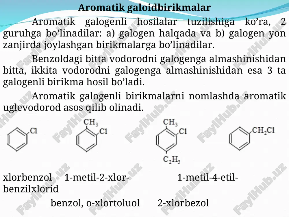 batan o-holatda uglerod atomida elektron bulutning zichligi kichik bo’ladi. 1. galoid arillarni aromatik aminobirikmalardan diazobirikmalar orqali hosil qilish mumkin. bu usul bilan boshqa usullar yordamida olib bo’lmaydigan yodli va ftorli birikmalarni olish mumkin: 2.galogeni yon zanjirada joylashgan aromatik galogenli hosilalarni olish uchun galogenalkanlarni olishdagi barcha usullardan foydalanish mumkin, masalan: bulardan tashqari aromatik galogenli birikmalarni olishda xlormetillash reaksiyasidan keng foydalaniladi: bu reaksiyaning mexanizmini quyidagicha tasavvur etish mumkin: fizik xossalari. benzol va uning gomologlarining galogenli hosilalari suyuq yoki qattiq moddalar bo’lib, ftorli hosilalar past, yodli hosilalar esa yuqori haroratda qaynaydilar. masalan: c6h5f – 850c; c6h5cl – 1320c c6h5br – 1560c; c6h5j – 1880c ularning zichliklari 1 dan yuqori. suvda erimaydilar. ko’p organik erituvchilarda yaxshi eriydilar. kimyoviy hususiyatlari. galogenarillar galogenalkanlardan farqli ularoq, nukleofil reagentlar bilan deyarli reaksiyalarga kirishmaydilar. ular ishqor, kumush tuzlari, sianidlar, ammiak va boshqalar bilan oddiy sharoitda reaksiyaga kirishmaydilar. xlor va brombenzol o’yuvchi ishqorlar bilan 3000c da, ammiak bilan mis yoki …