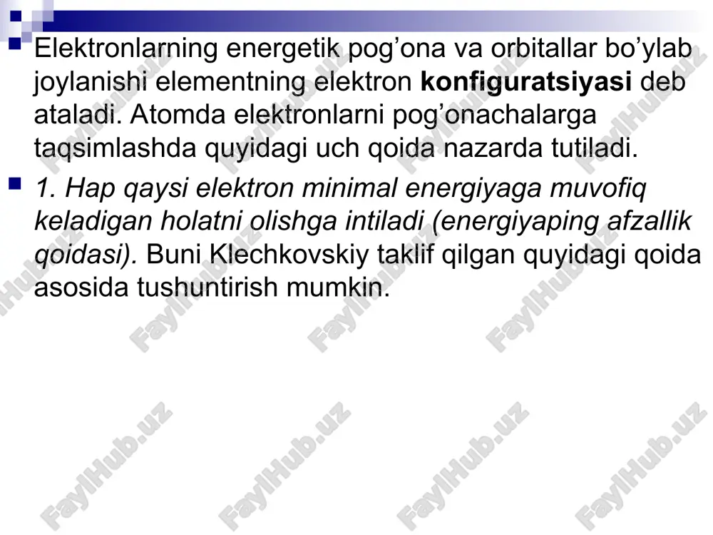 ng tuzilishi o'rganib borildi, ba'zi elementlarning avvaldari malum boigan tabiiy gruppalariga o'xshash elementlar gruppalari aniqlana bordi. elementlar va ularning birikmalari haqida to'plangan ma'lumotlar kimyogarlar oldiga barcha elementlarni sinflarga ajratish vazifasini qo'ydi. 1789-yilda a.lavuazye kimyoviy elementlarning birinchi klassifikasiyasini yaratdi. u barcha oddiy moddalarni 4 gruppaga (metallmaslar, metallar, kislota radikallari va "yerlar", ya'ni "oksidlar") ajratdi. 1812-yilda berselius barcha elementlarni metallar va metallmaslarga ajratdi. 1829-yilda debereyner uchta-uchta elementdan iborat o’xshash elementlarning gruppalarini tuzdi va ularni "triadalar" deb atadi. har qaysi triadada o’rtadagi elementning atom og’irligi ikki chetdagi elementlarning atom og’irliklari yig’indisining 2 ga bo’linganiga teng. shankurtua 1863-yilda elementlar sistemasini tuzish uchun silindr o’qiga nisbatan 45° bo’ylab silindr sirtiga spiral chiziqlar chizdi. nyulends 1863-yilda o’zining oktavalar qonunini kashf etdi. u elementlarni ularning atom og’irliklari ortib borish tartibida bir qatorga joylashtirganda, har qaysi sakkizinchi element o’z xossalari bilan birinchi elementga o’xshash bo’lishini ko’rdi. bu tartib musiqa notasidagi gammalar kabi takrorlandi. nemis olimi lotar meyer 1864-yilda …