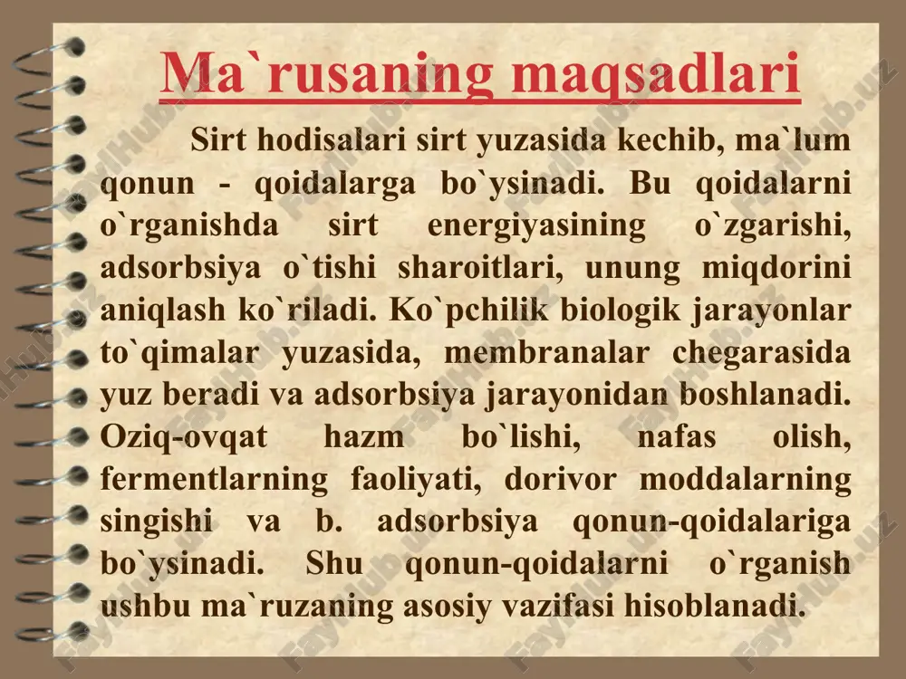 sil bo`lishi bilan boradigan adsorbsiya - hemosorbsiya deyiladi. sorbsiyaga teskari bo`lgan jarayon - desorbsiya adsorbsiya yuz beradigan yuzalar. gaz - suyuqlik. gaz - qattiq modda suyuqlik - suyuqlik. suyuqlik - qattiq modda odam organizmida: hujayralar va hujayra yadrolari, protoplazmalar, organizm va muhit orasidagi sirt chegarasi va ularda boradigan hodisalar: yog`lar harakati va xazm qilish jarayonlari, fermentlarning faoliyati, oqsil biosintezi va boshqalar. harakatsiz sirtdagi adsorbsiyaga ta`sir etuvchu omillar 1. adsorbent va adsorbtiv tabiati 2. adsorbentning disperslik darajasi 3. adsorbtivning konsentratsiyasi yoki bosimi 4. harorat 5. erituvchining tabiati adsorbsiya miqdorini baholash solishtirma adsorbsiya - adsorbentning 1 cm2 yuzasiga yoki 1 g massasiga yutilgan moddaning mol miqdoridir: x x g = ------- mol/cm2 ; g = ------- mol/g s m harakatsiz satxdagi adsorbsiya uchun x freyndlix tenglamasi: x g = ------- = k·c1/n g = ------- = k ·p1/n m m adsorbsiya miqdorini baholash freyndlixning tog`ri chiziq tenglamasi: x lg ------- = lgk …