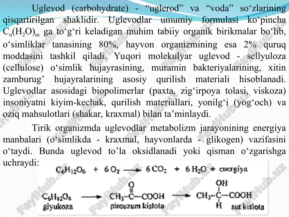 dagi sinflarga bo‘linadi: monosaxaridlar (monosaccharides) ko‘p atomli aldegido- (aldegid guruhiga ega, polioksialdegid) yoki ketospirtlardir (keton guruhiga ega, polioksiketon). tarkibidagi s atomlarining soniga ko‘ra ular tetroza (c4), pentoza (c5), geksoza (c6) va h. larga bo‘linadi. polisaxaridlar (polysaccharides) biosintez jarayonida monosaxaridlaming kondensatsiyasidan hosil bo‘ladi. polisaxaridlarning gidrolizidan esa monosaxaridlar olinadi. polisaxaridlar qandsimon (oligosaxaridlar) va qandsimon bo‘lmagan turlarga ajratiladi. kichik molekulyar polisaxaridlar molekulasi 2-10 ta atrofidagi monozalar qoldig‘idan tashkil topadi. ular suvda yaxshi eriydi, shirin ta’mli va yorqin ifodalangan kristall tuzilishga ega. ularning ba’zilari (maltoza, laktoza) cu2+ ionlarini (feling suyuqligi tarkibidagi) qaytaradi va qaytaruvchi, boshqalari esa (saxaroza, tregaloza) cu2+ ionlarini qaytarmaydi va qaytarmaydigan oligosaxaridlar deyiladi. yuqorimolekulyar (qandsimon bo‘lmagan) polisaxaridlar tarkibida l0 dan l0000 gacha monozalar qoldiqlari bo‘ladi. ular suvda erimaydigan, ta’msiz, kristall tuzilishi yorqin ifodalanmagan birikmalardir. polisaxarid faqat bir xil monosaxarid qoldiqlaridan tashkil topsa gomopolisaxarid (kraxmal, glikogen, sellyuloza, inulin), turli monosaxarid qoldiqlaridan iborat bo‘lsa geteropolisaxarid (gialuron kislota, xondroitinsulfatlar) deyiladi. monosaxaridlar. aldozalar. izomeriyasi, konfiguratsiyasi, genetik …