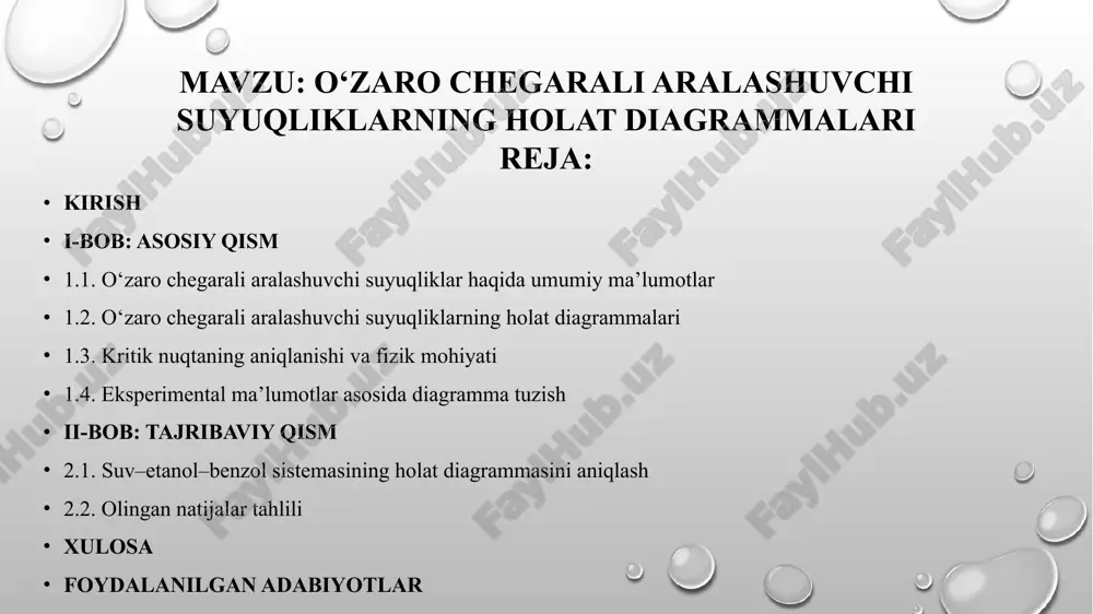ri bilan aralashadi. bunday tizimlarda ikki suyuqlikning aralashishi cheklangan bo‘ladi va ularning ma’lum nisbatdan tashqarida ajralish hodisasi sodir bo‘ladi. ular ikki fazali tizim hosil qiladi, ya’ni bir vaqtning o‘zida ikki xil suyuq faza mavjud bo‘ladi. bu holat odatda suyuqliklar orasidagi molekulalararo kuchlar yetarlicha farq qilganda yuz beradi. masalan, suv va nitrobenzen o‘zaro chegarali aralashuvchi suyuqliklarga misol bo‘la oladi. ular faqat ma’lum nisbatda va ma’lum haroratda o‘zaro aralashadi, aks holda ikki fazali aralashma hosil bo‘ladi. suyuqliklarning aralashuvchanligiga ularning qutbliligi, vodorod bog‘lari hosil qilish qobiliyati, molekula hajmi va strukturasi kabi omillar ta’sir etadi. qutbli suyuqliklar odatda boshqa qutbli suyuqliklar bilan yaxshi aralashadi, qutbsiz suyuqliklar esa boshqa qutbsiz suyuqliklar bilan yaxshi aralashadi. bu holatlar “o‘xshashlar o‘zaro aralashadi” qoidasiga mos keladi. lekin istisnolar ham mavjud. masalan, fenol va suv qutbli suyuqliklar bo‘lishiga qaramay, ular o‘zaro to‘liq aralashmaydi, chunki fenolning katta nisbiy molekulyar hajmi va vodorod bog‘larini buzuvchi xususiyati bu jarayonni cheklaydi. o‘zaro chegarali aralashuvchi …
