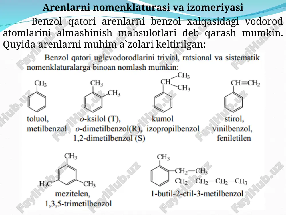 bog`lar energiyalaridan termokimyoviy hisoblar natijasida o`lchangan issiqlikdan ko`p issiqlik ajraladi, farq 160 kj/mol ga yaqin bo`ladi. δe energiyani farqi katta bo`lishi olti a`zoli siklda uch qo`sh bog`ni tutashishi benzol molekulasini o`ziga xos barqarorlashishidan darak beradi. benzol qatori arenlarini ayrim fizik konstantalari nomi suyuqlanish harorati, oc qaynash harorati, oc sindirish koeffitsiyenti benzol 5,5 80,1 0,8790 1,5011 toluol -95,0 110,6 0,8669 1,4969 o-ksilol -29,0 144,4 0,8802 1,5054 m-ksilol -53,6 139,1 0,8641 1,4972 p-ksilol 13,2 138,4 0,8640 1,4958 psevdokumol -57,4 169,4 0,8758 1,5048 kumol -96,9 152,4 0,8618 1,4914 mezitilen -52,7 164,7 0,8651 1,4993 durol 80 195,0 0,838 (810c) 1,6150 benzol – qutbsiz erituvchi, ammo benzol alkillar dipol momentlariga ega. bu elektron sistemani qutblanishidan darak beradi: dipol momenti alkil guruhdan benzol xalqasiga yo`nalgan bo`ladi. benzolni elektron sistemasini harakatchaligi va elektronodonor xossalarini ularni ionlanish energiyasi past bo`lishidan ko`rish mumkin. arenlarni ionlanish energiyasi ie (ev) pp ie (ev) benzol 9,24 psevdokumol 8,5 toluol 8,72 durol 8,1 …