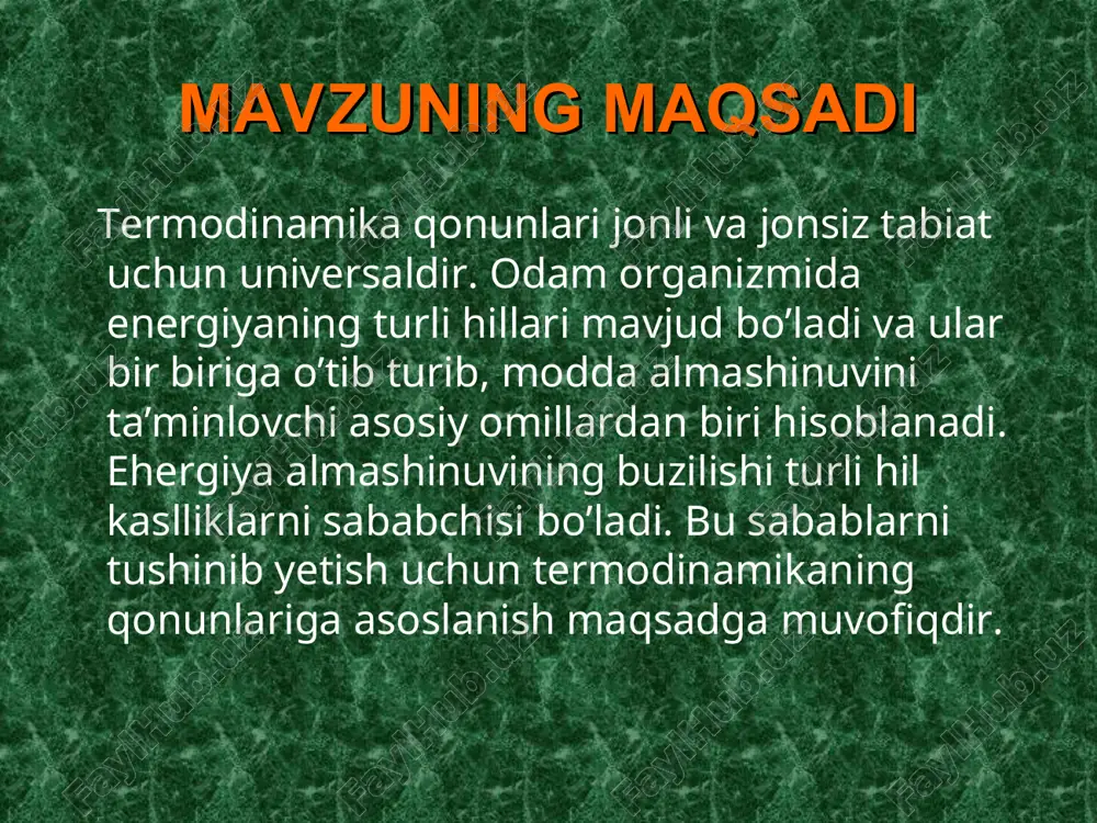 ik energiyadan tashqari bo’lgan energiyaning barcha turlarining yig’indisidir. termidinamikaning birinchi qinuni har qanday jarayon davomida enerjiya yo’q bo’lmaydi va yo’qdan bor bo’lmaydi, u faqat bir ko’rinishdan ikkinchi ko’rinishiga ekvivalent miqdorda o’tishi mumkin. organizmda modda almashinuvini boshqaruvchi jarayonda kimyoviy energiya, energiyaning boshqa turlariga o’tib, organizmning hayot faoliyatini ta’minlaydi. termidinamikaning birinchi qinunini matematik ifodasi q = u + a bu erda q - sistemaning issiqligi u - ichki energiyaning ortishi:  u = u2 - u1 a - tashqi ta’sirlar ostida bajariladigan ish miqdori agar ish faqat hajm o’zgarishi hisobiga borsa a = p v unda: q =  u + p v izohor jarayonning issiqlik samaradorligi izohor jarayonda hajm o’zgarmas, ya’ni v = const bo’ladi. hajm o’zgarmasa: v = 0 ish bajarilmaydi: pv = 0 bunday sharoitda, termodinamikaning birinchi qonuniga binoan, sistemaga berilgan bor issiqlik uning ichki energiyasini oshirishga sarflanadi: qv = u izibar jarayonning issiqlik samaradorligi izobar jarayonda sistemaning bosimini …
