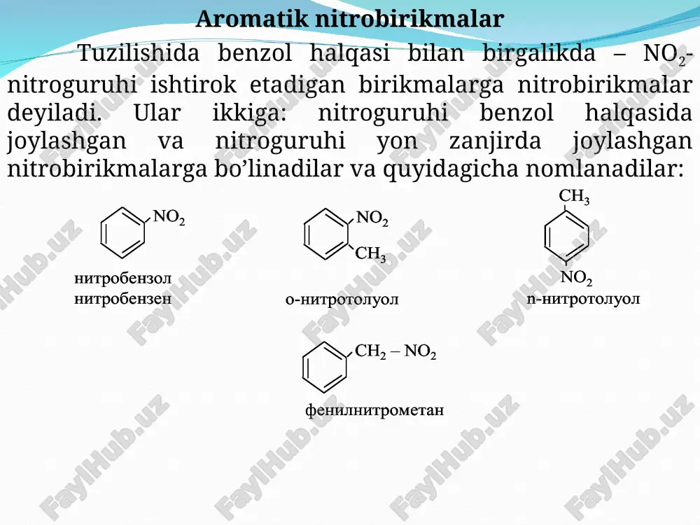 hosil bo’ladi: - yoki - holatdagi di- yoki trinitrobirikmalar tegishli nitroanilinlarni oksidlab olinadi: benzolning gomologlari benzolga qaraganda oson nitrolanadilar. masalan, toluolni nitrolaganda mono-, di- va trinitrotoluollar aralashmasi hosil bo’ladi: nitrolash reaksiyasining tezligi nitrolovchi aralashma tarkibiga va nitrolanayotgan uglevodorodlarning tuzilishiga bog’liq, benzolni nitrolash uchun 90% li sulfat kislota ishlatiladi. sulfat kislota konsentratsiyasining 90% dan 80% ga kamayishi nitrolash reaksiyasi tezligini 3000 marta kamayishiga sabab bo’ladi. nitrolash reaksiyasining mexanizmi quyidagicha. sulfat kislota eritmasida nitrat kislota quyidagicha dissotsiyalanadi: toza nitrat kislota nitrolash sharoitida quyidagicha dissotsialanadi: aralashmada no2+ - nitroniy ionining bo’lishligi ko’pchilik usullar bilan isbotlangan. hosil bo’lgan nitroniy ioni benzol halqasi bilan dastlab -so’ngra -kompleks hosil qiladi va proton (vodorod ioni) ajralishi bilan nitrobenzolni hosil qiladi. ajralgan proton bisulfat ioni bilan birikib sulfat kislotani hosil qiladi. fizik xossalari. tuzilishida bitta nitroguruhi bo’lgan nitrobirikmalar suyuq yoki qattiq moddalar bo’lib, rangsiz yoki och sariq rangli bo’ladi. suvda erimaydi. suvdan og’ir. achchiq danak hidiga ega, zaharli. …