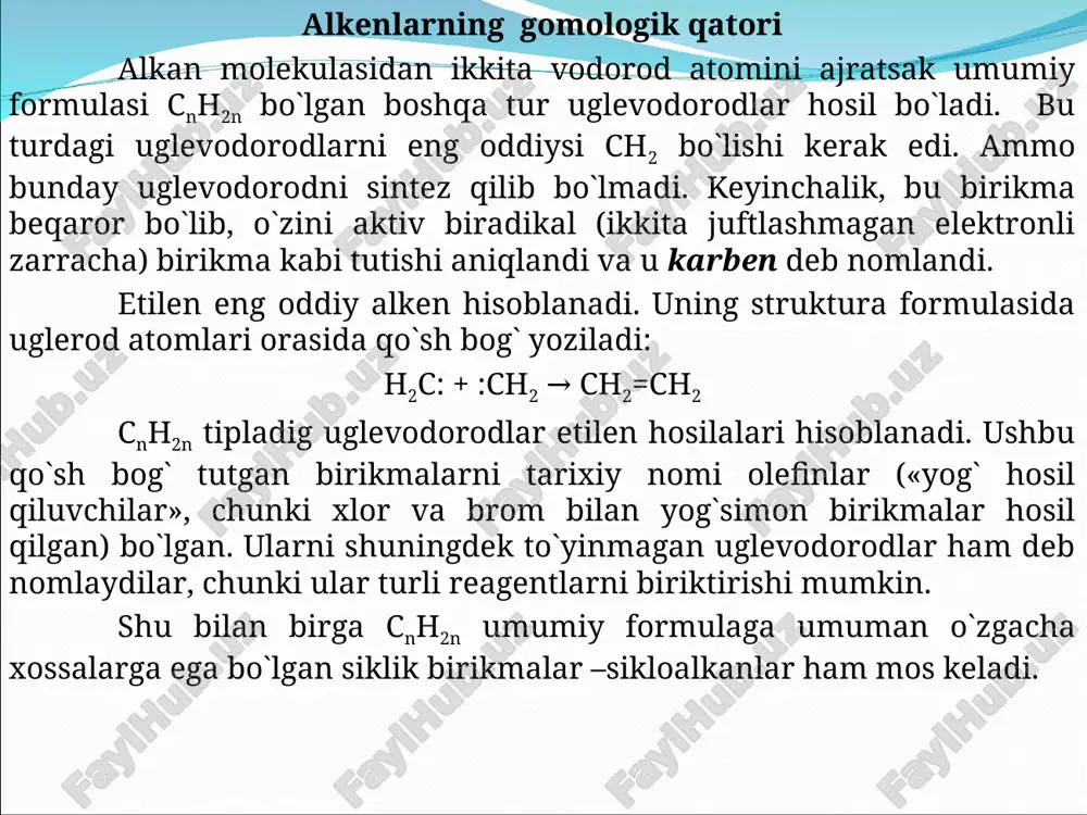 lkenlarning nomlanishi va izomeriyasi iyupak nomenklaturasi bo`yicha qo`sh bog` tutgan cnh2n umumiy formulaga ega birikmalar alkenlar deyiladi. alkenlarni nomlari mos alkanlar nomlaridagi –an qo`shimchasi o`rniga – en yoki –ilen qo`shimchasi qo`shib hosil qilinadi. –en qo`shimchasi uglerod zanjirida qo`sh bog` borligini ko`rsatadi. alken nomini hosil qilish uchun qo`sh bog` tutgan eng uzun zanjir tanlanadi va u shunday nomerlanadiki, bunda qo`sh bog` eng kichik raqamga ega bo`lishi kerak. bu raqam –en qo`shimchasidan keyin yoziladi. alkenlarning struktur izomerlari soni alkanlarnikidan ko`p, chunki alkenlarda zanjir tarmoqlanishi izomeriyasidan tashqari, qo`sh bog` holati bo`yicha izomeriya ham mavjud. alkenlarning struktur izomerlari soni alkanlarnikidan ko`p, chunki alkenlarda zanjir tarmoqlanishi izomeriyasidan tashqari, qo`sh bog` holati bo`yicha izomeriya ham mavjud. bundan tashqari, alkenlar uchun fazoviy (geometrik) izomeriya ham xosdir: masalan, tsis-buten-2 va trans-buten-2. odatiy sharoitda qo`sh bog`ga erkin burilish mavjud bo`lmaganligi sababli buten-2 da metil guruhlari qo`sh bog`ni bir qismi bo`ylab (tsis-izomeriya) yoki turli tomonlarida (trans-izomeriya) kuzatilishi mumkin. geometrik izomerlarni …