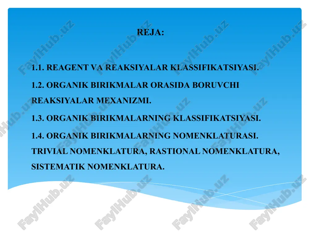 umkin. ammo nukleofillik va asoslik orasida miqdoriy bog`lanish yo`q. shuning uchun kuchsiz asos kuchli nukleofil reagent bo`lishi mumkin. elektrofil reagentlar (kislotalar, yoki lyuis kislotalari): elektrofil reagent deb elektronoaktseptor zarrachalarga aytiladi, ular reaksiyada ikkinchi moddaning ikkita elektronini aktseptorlaydi. lyuis kislotalari shunday ta`sir ko`rsatadi. masalan, erkin orbitalli erkin kationlar, kuchli qutbli, bog` bilan ionlanishga moyil ion juftlar va neytral birikmalar. elektrofil reagentlarga to`lmagan elektron orbitalli yoki elektronga moyilligi yuqori bo`lgan barcha neytral birikmalar kiradi: h-elektrofillar – h-x+ (kuchli kislotalar) b-elektrofillar – bf3, bcl3, br3 c-elektrofillar – r3c+x- (karbkationlar), kuchli qutbli bog`li birikmalar r3c-x, r2c=y, rcn, xinonlar (elektronga moyilligi yuqori) n-elektrofillar – n+ox- (nitrozoniy tuzlari), n+o2x- (nitroniy tuzlari), r-n2+x- (diazoniy tuzlari), r2n+-x- o-elektrofillar – r-o-x, r-o-o-r (peroksidlar) s-elektrofillar – r-s-x, hso3x-, so3 galogenlar – f2, cl2, br2, i2 davriy sistemani hohlagan elementini elektrofil qilish mumkin, buning uchun uni elektronoaktseptor element (masalan, ftor, xlor) bilan biriktirish kerak. elektrofillik elektrofilni umumiy substratga nisbatan reaksion qobiliyatini …