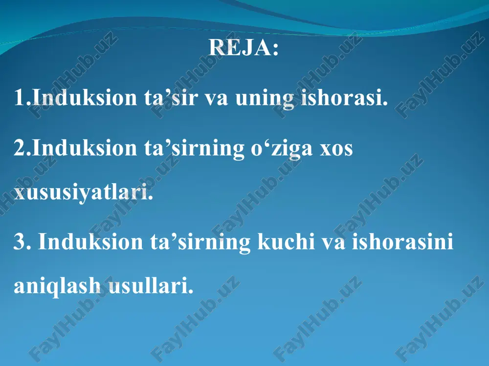 atomlar guruhining zaryadi ortishi bilan ortadi. ion shaklidagi atom yoki atomlar guruhi kuchli va uzoq masofaga ta’sir ko’rsatadi. 2) ta’sir ko’rsatuvchi atomning elektromnfiyligi qancha kuchli bo’lsa, uning manfiy induksion (-j) ta’siri shuncha katta bo’ladi. 3) barcha to’yinmagan guruhlar manfiy induksion ta’sir ko’rsatadi va u guruhning to’yinmaganlik darajasi ortishi bilan kuchayadi: 4) bog’ining qutubliligi oz bo’lsada borligi uchun alkil guruhlar musbat induksion ta’sir ko’rsatadi. 5) ta’sir ko’rsatuvchi atomning elektromanfiyligi qanchalik kichik bo’lsa, uning musbat induksion ta’siri shunchalik kuchlik bo’ladi. induksion ta’sirning ishorasi (yo’nalishi) va kuchini aniqlash usullari 1. turli atom yoki atomlar guruhini tutuvchi bir sinfga mansub organik birikmalarning xossaalarini taqqoslash usuli. misol tariqasida karbon kislotalarning dissosiasiya konstantalarini aniqlashni keltirish mumkin. 2. metil yoki etil guruhi tutgan turli birikmalar pmr spektridagi protonlar signalining kimyoviy siljishi to’g’risidagi ma’lumotlarni taqqoslash usuli. 3. bir moddaning, masalan metanning xossasi bo’lgan turli moddalar dipol momentini hisoblash usuli. bu misolga mos misollar ham yuqorida berilgan. 4. erkin …