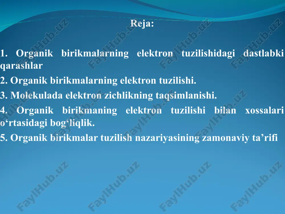 larni molekulyar orbitallar (mo) bo`yicha taqsimlashdir. mo ao kabi taxminiy matematik tavsifga ega bo`ladi va qator kvant sonlar to`plami va ma`lum energiya bilan ifodalanadi. mo usuli ko`proq molekulani spektral xossalarini va fotokimyoviy jarayonlarni, tutash va aromatik birikmalarning tuzilishi va xossalarini aniqlashda qo`llaniladi. mo usuli yordamida kislorodni paramagnit xossalarini, uch markazli orbitallarni, metallarni turli ligandlar bilan komplekslarini oson tushuntirish mumkin. shu bilan birga vb usuli ham o`z ahamiyatini yo`qotgani yo`q, chunki unda molekulani fizik modeli yaqqolroq namoyon bo`ladi. hisoblash texnikasi rivojlanishi bilan vb ko`p atomli molekulalarni miqdoriy hisoblash, kimyoviy jarayonlarni energetikasi va mexanizmlarini tasvirlashga imkon yaratdi. a.m. butlerovning kimyoviy tuzilish nazariyasi. xix asrning o’rtalariga kelib amaliy kimyoning rivojlanishi natijasida ko’p tajriba ma’lumotlari to’planib qoldi. binobarin, ularni birlashtiradigan, umumlashtiradigan va kimyoning kelajak rivojlanishiga yo’l ochib beradigan nazariya kerak edi. bu nazariyani rus olimi a.m. butlerov yaratib, birinchi marta 1861-yili tabiatshunoslarning germaniyada bo’lib o’tgan syezdida e’lon qildi. mazkur nazariya atom va molekulalar moddalarning …