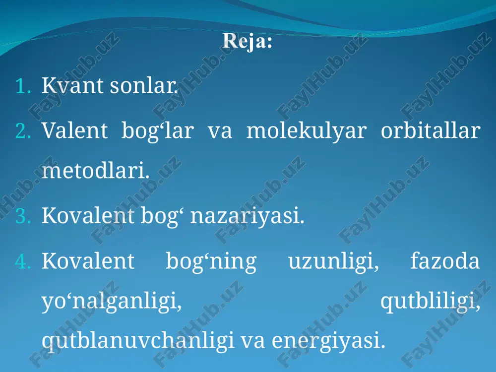 iga qadar butun sonlar bilan ifodalanadi. l = 0 holatga s — orbital, l = 1 holatga p -orbital, l = 2 holatga d -orbital, l = 3 holatga esa f-orbital muvofiq keladi. bir pog’onachada joylashgan elektronning energetik holati ham bir-biridan farq qiladi; uchinchi kvant son magnit kvant son deb ataladi. magnit kvant son mc — elektron harakat miqdori vektorining biror yo’nalishga nisbatan proektsiyasini ifodalaydi, u olishi mumkin bo’lgan qiymatlar soni 2 l + 1 ga teng (m2 = + l1; 0; — l). kvant sonlar haqida tushuncha. bosh kvant soni. yana bir marta n.bor postulatlarini takrorlab o'taman. demak, electron atomda muayyan energetik sath(pog'ona)ga muvofiq keladigan orbitalar bo'ylab harakatlanadi. atomga tashqaridan energiya berilsa, elektron yadrodan uzoqroq orbitalga (muayyan kvant pog'onaga muvofiq keladigan) o'tadi. muayyan kvant energetik pog'onaga muvofiq keladigan orbitalga statsionar orbitalar deyiladi. statsionar orbitalarni xarakterlaydigan butun sonlar (1,2,3,4..)ga bosh kvant sonlari deyiladi. bu sonlar (1,2,3..) k,l,m,n..bilan belgilanadigan muayyan kvant …