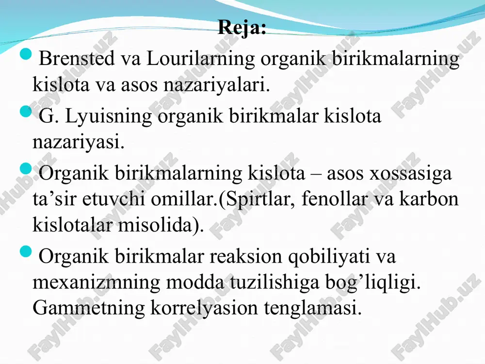 hdagi o- bilan aromatik halqa o’rtasida barqarorlashgan. r-o’rinbosarlar tabiatining ta’siri: pikrin kislota kuchi mineral kislotalarga yaqin. karbon kislotalar pka hcooh 3,8 ch3cooh 4,8 clch2cooh 3 clch2ch2cooh 4,1 cl(ch2)3cooh 4,5 cl3ccooh -0,4 hoch2cooh 4 c6h5ch2cooh 4,3 ch2=ch-cooh 4,6 hc≡c-cooh 2 o2n-ch2-cooh 2,26 c6h5-cooh 4,2 organik modda reaksion qobiliyati va mexanizmning tuzilishiga bog’liqligi. organik birikmalar reaksion qobiliyatlari ularning tuzilishiga bog’liq bo’ladi. reaksion qobiliyat reaksiyaning tezlik konstantasi, muvozanat konstantasi va kislotalik konstantasi bilan xarakterlanadi. kislotalik konstantasi, ayniqsa organik kislota tuzilishiga ko’proq bog’liq va o’rinbosarlarning kislotaligiga ta’sirini ifodalashda qo’llaniladi. xususan, kislotalik konstantasi karbon kislota funksional hosilalarning reaksion qobiliyatlarini baholashda qo’llaniladi. gammet tenglamasi. l.gammet murakkab efirlarni alkillash reaksiya tezlik konstantasi, ularning kislotaligi ortishi bilan oshib borishini kuzatdi. rcooch3+(ch3)3n→rcoo-(ch3)4n+ 1935-yilda gammet f – va f – almashgan benzol hosilalari reaksion qobiliyati konstantasi bilan f va f almashgan benzoy kislota kislotalik konstantasi o’rtasida bog’liqlik mavjudligini aniqladi, va uni quyidagi tenglama bilan ifodalanadi. bu erda, k halqada o’rinbosar …
