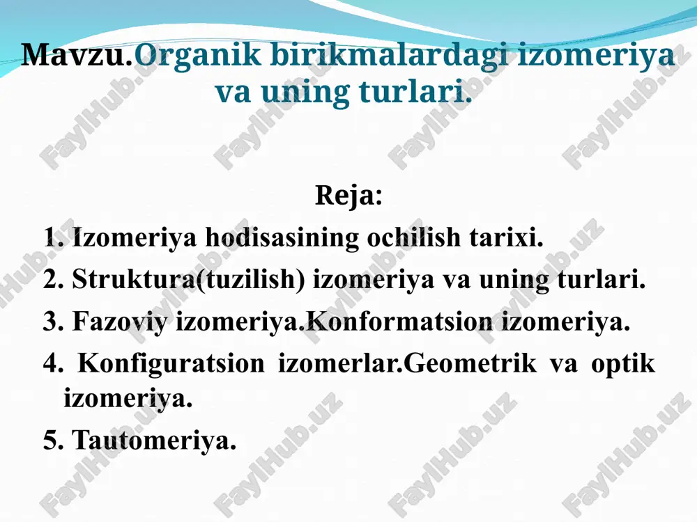 ional guruhlar xarekteri bilan farqlanadi. aldegidlar bilan ketonlar oʻzaro izomer hisoblanadi. spirtlar bilan oddiy efirlar ham oʻzaro tuzilish izomerlardir. 4.metameriya. oddiy efirlarda uglevodorod radikali tuzilishiga bogʻliq boʻlgan odatdagi izomeriya(ikkilamchibutilizopropil efiri va uchlamchi-butilizopropil efiri) va tuzilish izomeriyaning boshqa shakli-metameriya (ajratilgan c atomlarining izomeriyasi) kuzatiladi.masalan,dietil efir va metilpropil efirlar oʻzaro metamerlar hisoblanadi . fazoviy izomeriya. kimyoviy tuzilishi bir xil boʻlgan molekulalar bir-biridan atomlarining fazoda joylashishi bilan ozaro farq qiladigan birikmalar fazoviy izomerlar (stereoizomerlar) deyiladi. fazoviy izomeriya konformatsion izomerlar konfiguratsion izomerlar geometrik izomeriya optik izomeriya alitsiklik birikmalar konformatsiyasi. halqali birikmalar tuzilishini tushintiruvchi a.bayerning kuchlanish nazariyasi(1886-yil) bu tip birikmalar yassi tuzilishli deb qaragan.bu nazariyaga koʻra eng barqarori besh a’zoli halqa bolib,undan kichiklari va kattalarida bayer kuchlanishi yuqori boʻladi. siklopropan va siklopbutanning yuqori kimyoviy faolligi-halqa uzilib biriktirib olish reaksiyalariga kirishishi ham halqa kuchlanishi bilan tushuntirildi.u holda siklogeksan,ayniqsa siklogeptan siklobutan kabi yuqori kimyoviy faollikka ega bolishi kerak edi.amalda bunday emas. nyumen proeksiyasi siklogeksanning kreslo konformatsiyasi shar …