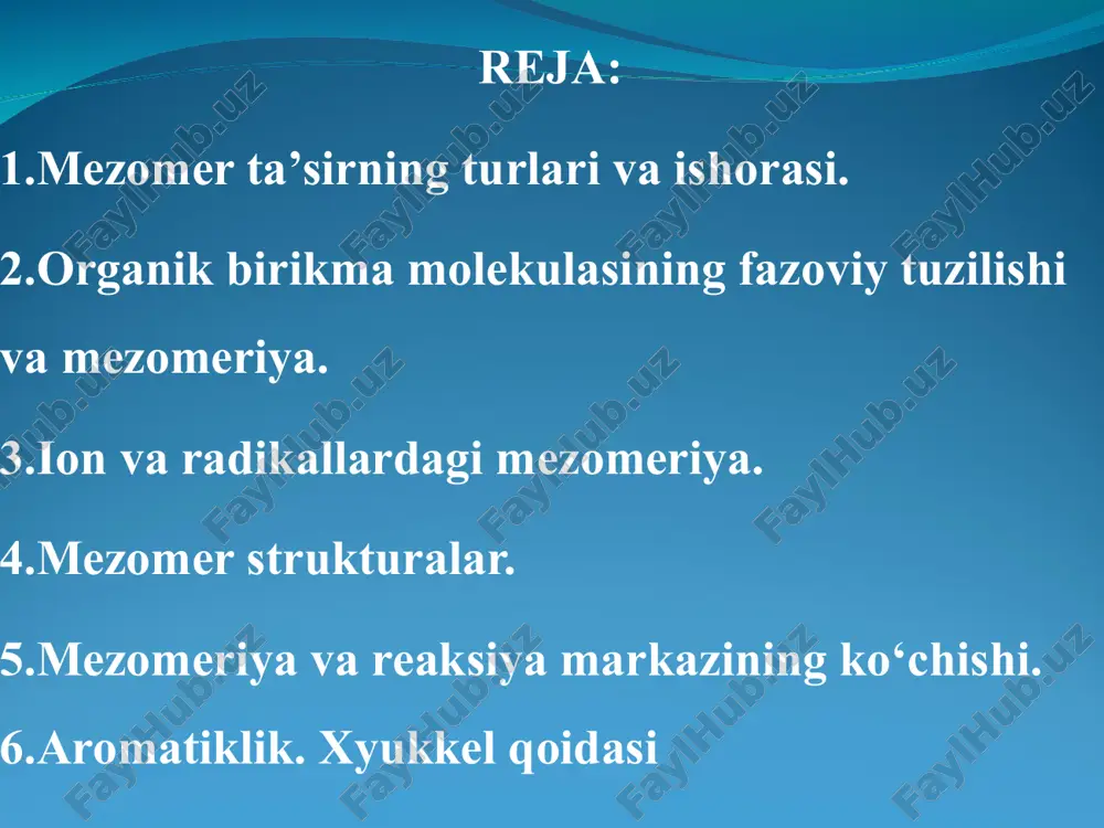 i molekuladagi elektronlar kengroq tarqalgandir. molekula real holati energiyasi bilan klassik formulalari bilan ifodalangan holat energiyalari o’rtasidagi farq mezomeriya energiyasi deb ataladi. yuqorida keltirilgan molekulasidagi mezomeriya π – π mezomeriya, va molekulasidagi mezomer esa p – π mezomeriya, deb ataladi. bu birikmalardagi , kabi o’rinbosarlar qoldiqqa ham induksion, ham mezomer ta’sir ko’rsatadi. bu ta’sitlar bir yo’nalishda ( masalan, da – j va – m ta’sirlar), yoki qarama qarshiyo’nalishida (masalan, ta’sirlar) bo’lishi mmumkin. har ikkala holda ham mezomer ta’sir ham, induksion ta’sir ham molekulaning qutublanishiga o’zining hissasini qo’shadi. mezomer ta’sirning molekulaning qutblanishiga qo’shgan hissasi mezomeriya momenti deb ataladi. mezomer ta’sirning o’ziga xos xususiyatlari 1. ta’sir qiluvchi guruhdagi zaryadning ortishi bilan m – mezomer ta’sirning kuchi ortadi, shuning uchun ionlar juda kuchli mezomer ta’sir ko’rsatadi. ; masalan, + m : +m: -o-, -s-. orinbosarning m – ta’siri kon’yugirlangan qo’sh bog’lar sistemasi vositasida uzoq masofaga deyarli so’nmasdan uzatiladi. bu hodisa vinilogiya deb ataladi. …