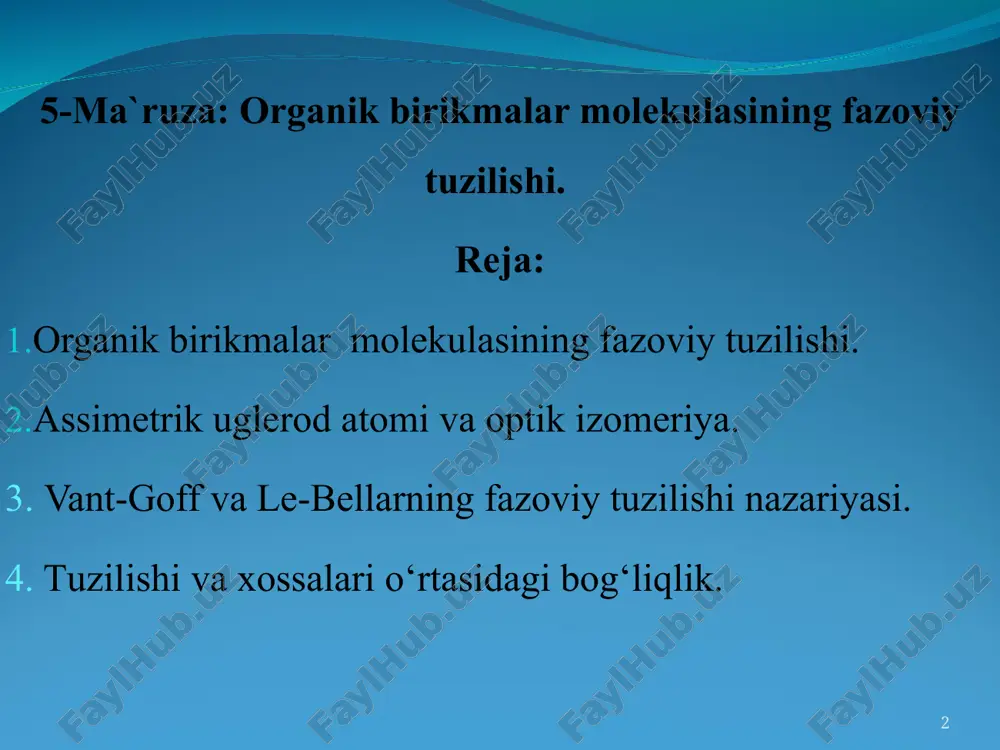 eokimyo geometrik (yoki sistrans) va optik izomeriyani o`rganadi. geometrik izomeriya, asosan, molekulasi tuzilishida qo`shbog` yoki siklik bog`langan atomlari bo`lgan birikmalarga xosdir. organik moddalarda, jumladan, tabiiy birikmalarda (saharidlar, oqsillar, alkaloidlar) optik izomeriya hodisasi ham keng o`rinni egallaydi. izomeriyaning bu turida molekuladagi asimmetrik atomuglerod 4 valent bog`ining har biri turli o`rinbosarlar (atom va radikallar) bilan bog`langan bo`ladi. bunday birikmalar, masalan sut kislota ch3ch(oh)cooh, optik faol, ya`ni yorug`lik nurining qutblanish tekisligini burish xususiyatiga ega va shu sababli 2 shaklda (optik antipodlar) mavjud bo`la oladi. optik izomeriyani ba`zan kuzgu izomeriya deb ham ataladi, chunki fazoviy izomerlar go`yo predmetning ko`zgudagi aksini eslatadi. asimmetrik atom sifatida azot, oltingugurt, kremniy, fosfor va boshqa atomlar bo`lgan birikmalardagi izomeriya hodisasi ham o`rganilgan. s. organik kimyodan tashqari anorganik koordinatsion birikmalarni ham o`rganadi, qattiq jismlar nazariyasi va kristallar kimyosiga yondashib tadqiqotlar o`tkazadi. s. polimerlar, dorivor moddalar va boshqa faol muhim ahamiyatga ega. optik izomeriya organik birikmalaming fazoviy izomeriyasi yoki stereoizomeriyasi turlaridan …